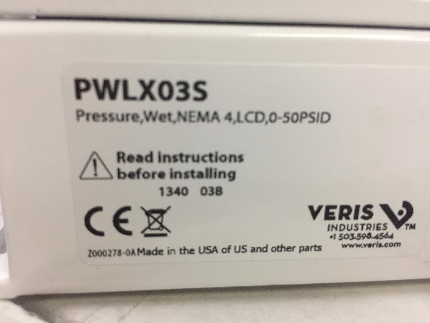 VERIS Veris PWLX03S Wet Pressure Transducer 0-50PSID NEMA 4
