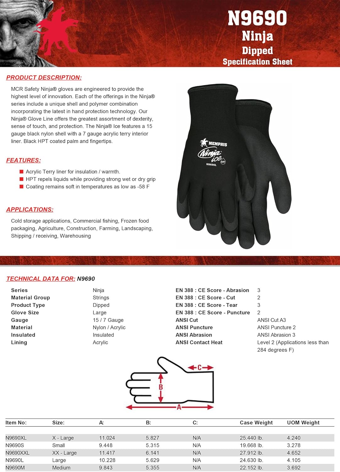 MCR SAFETY MCR Safety N9690S Memphis Glove Ninja Ice 15 Gauge Black Nylon Cold Weather Glove