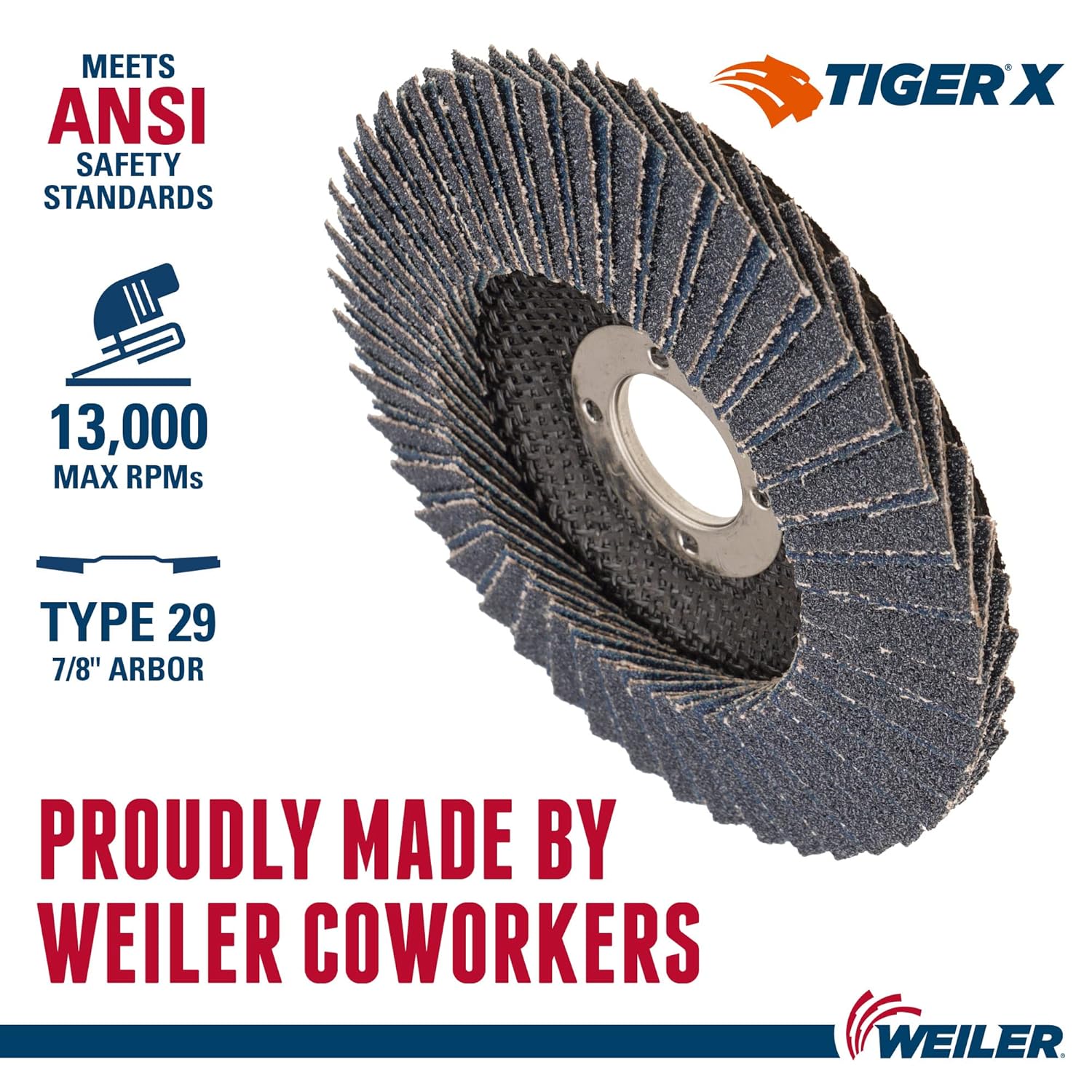 WEILER Weiler 51202 Tiger X Flap Disc 60 Grit 4-1/2 7/8 Arbor Hole Pack of 10