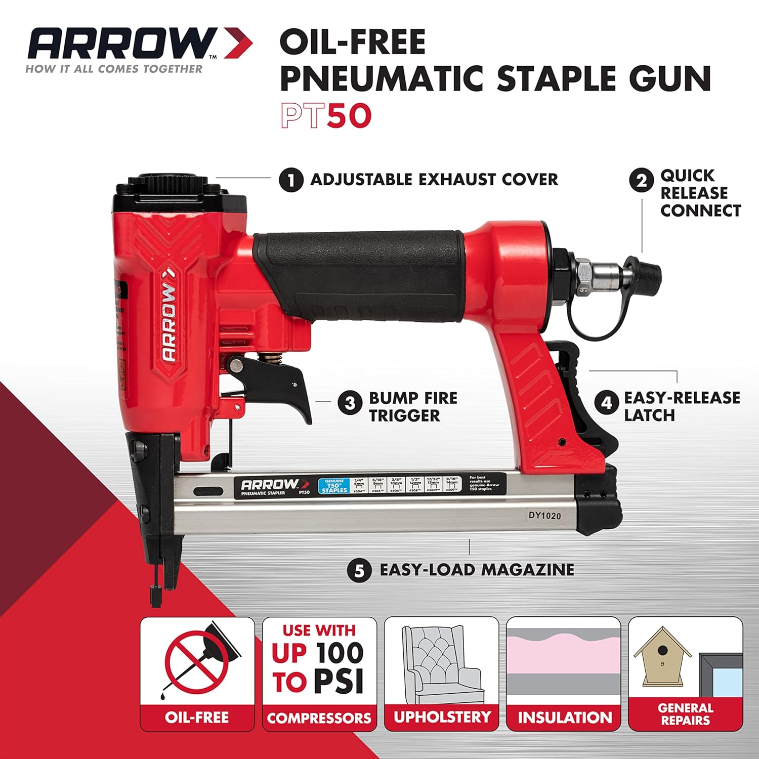ARROW FASTENER Arrow Fastener PT50 Pneumatic Staple Gun Heavy-Duty Stapler for Wood Upholstery Carpet Wire Fencing