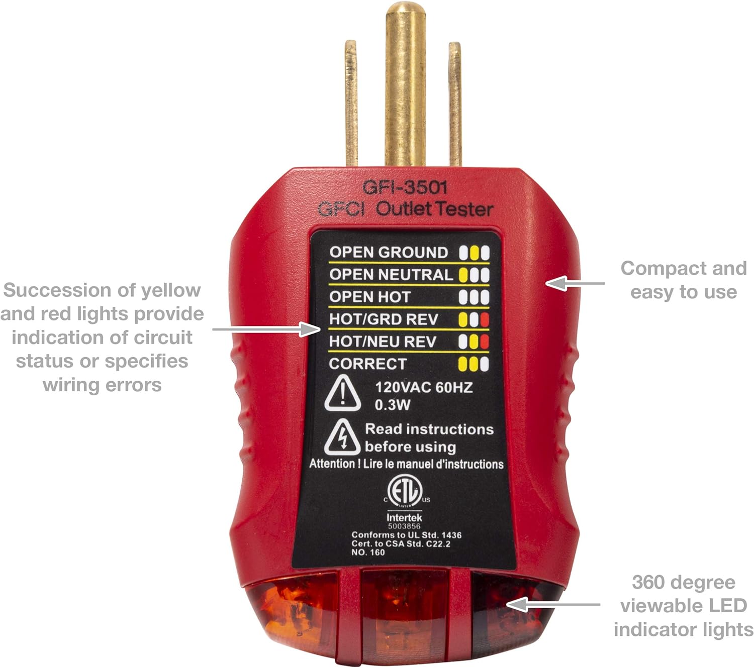 GARDNER BENDER Gardner Bender GFI-3501 Ground Fault Receptacle Tester Circuit Analyzer 110-125V AC