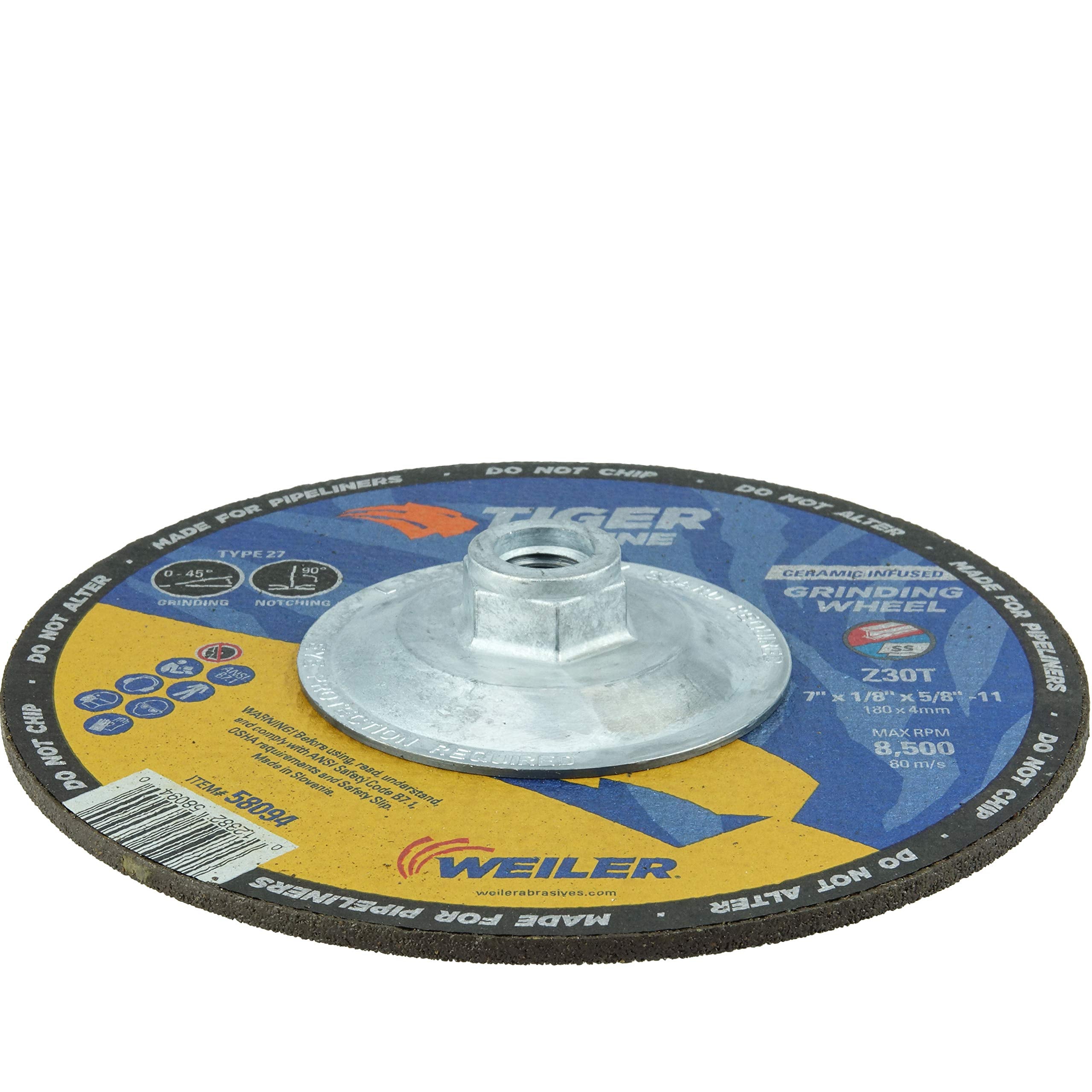 WEILER Weiler 58094 Tiger Pipeline Grinding Wheel 7 Inch x 1/8 Inch x 5/8 - 11 Nut Pack of 10