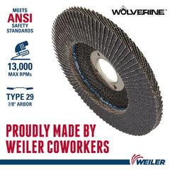 Weiler 31343 Wolverine 4-1/2 x 7/8 Arbor Hole Abrasive Flap Disc 40 Grit Zirconia Alumina Bevel Type 29 Phenolic Backing Standard Density