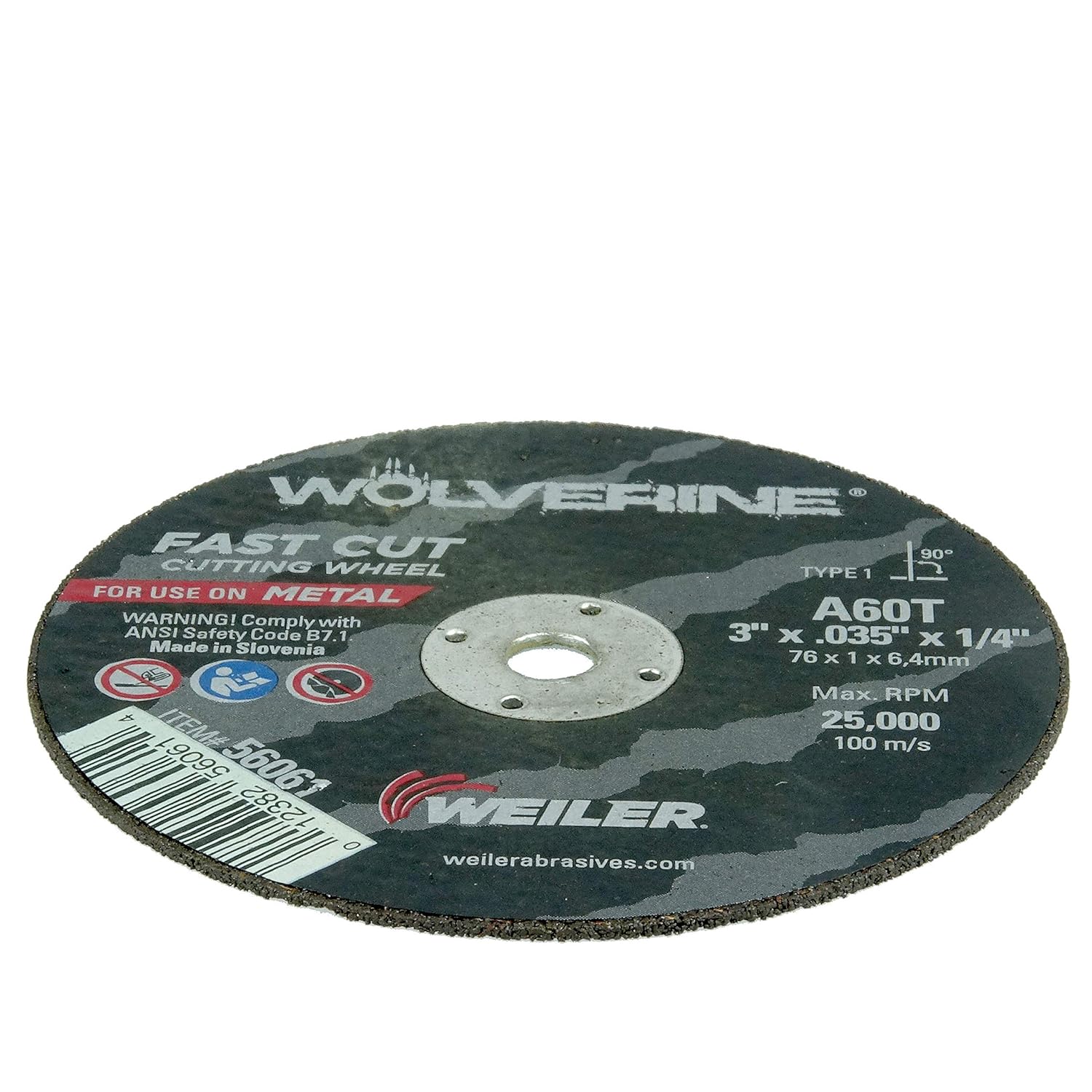 WEILER Weiler 56061 Wolverine Flat Type 1 Cutting Wheel 3 in Dia .035 Thick 1/4 Arbor 60 Grit