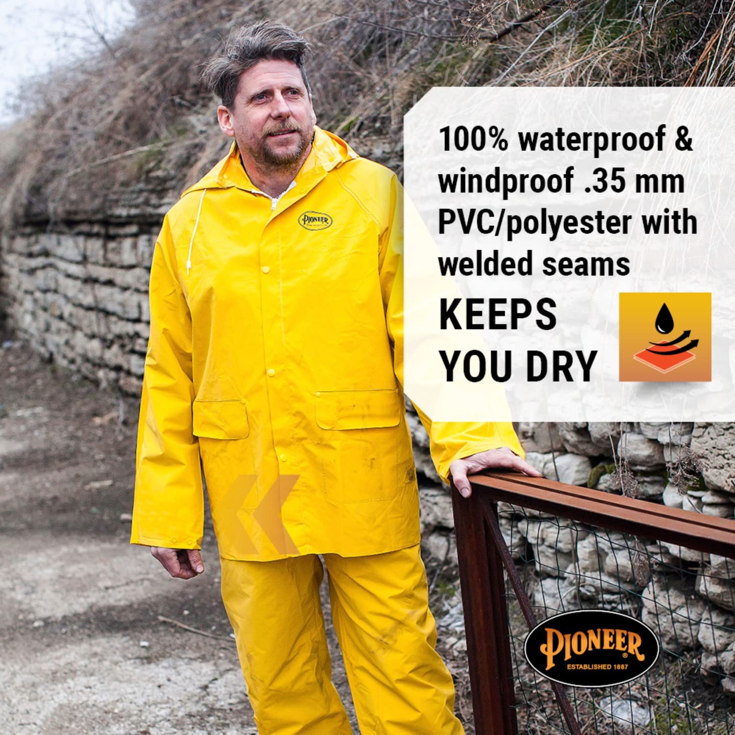 PIONEER Pioneer V3010460U-S Repel Rain Gear Safety Jacket & Bib Pants - Waterproof & Windproof PVC Work Suit for Men - 3 PC with Detachable Hood
