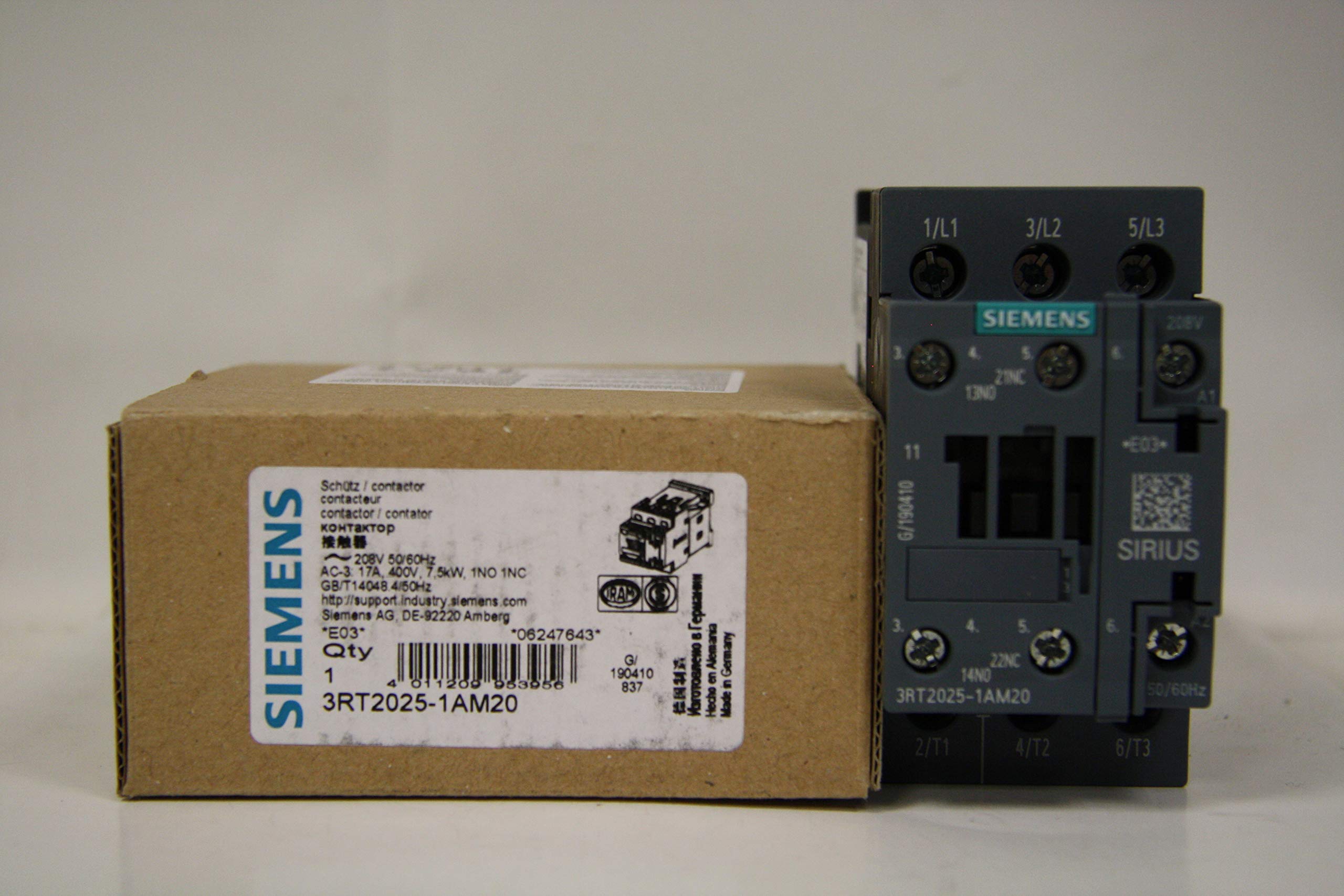 SIEMENS Siemens 3RT2025-1AM20 Contactor 208v 3-Pole 17A