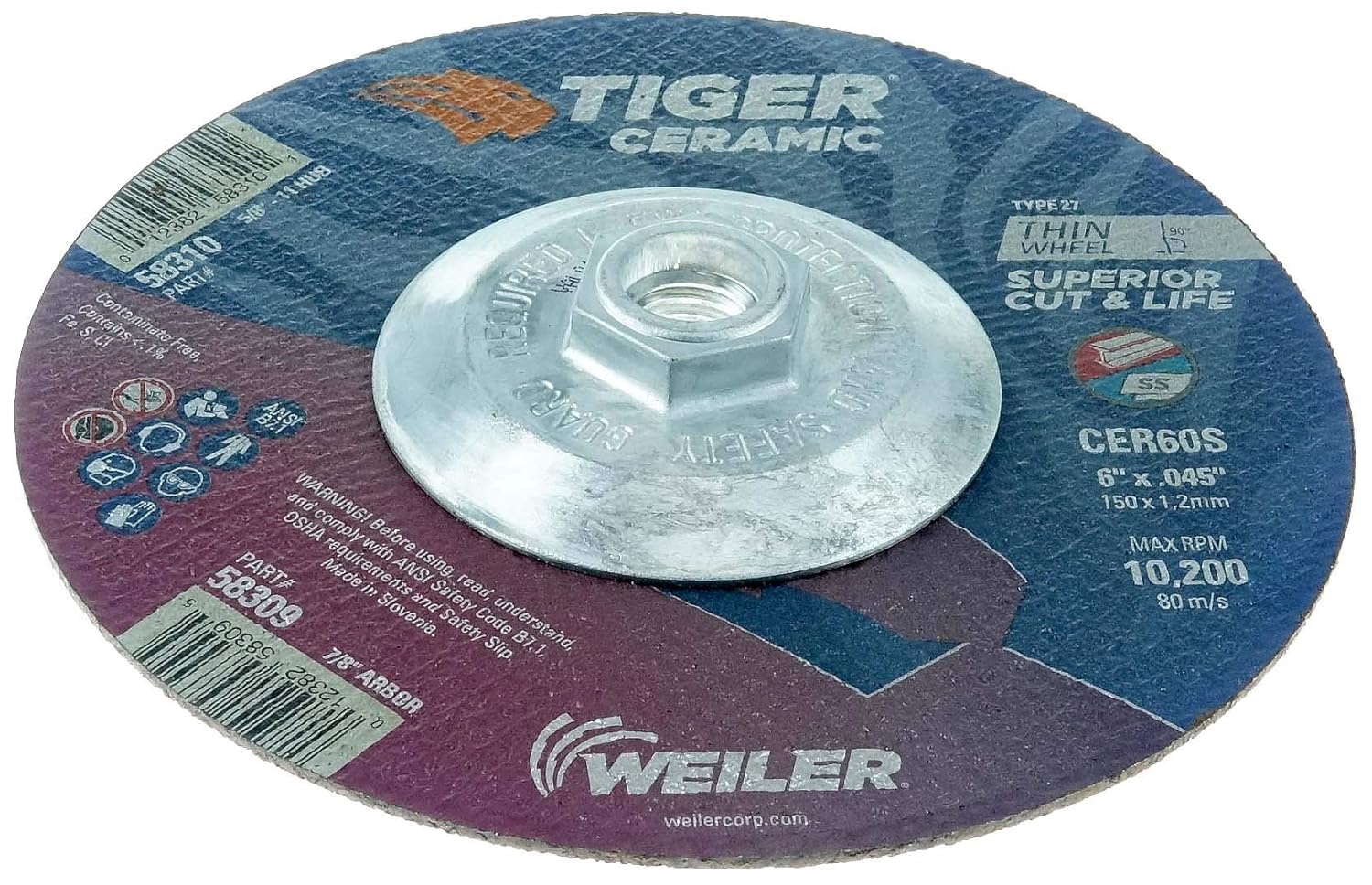 WEILER Weiler 58310 6 Inch Cutting Wheel Type 27 CER60S 5/8-11 UNC Nut Pack of 10