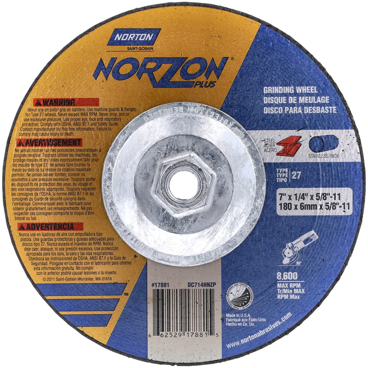 NORTON Norton 66252917881 Norzon Plus Depressed Center Wheel 7 inch x 1/4 inch 5/8-11