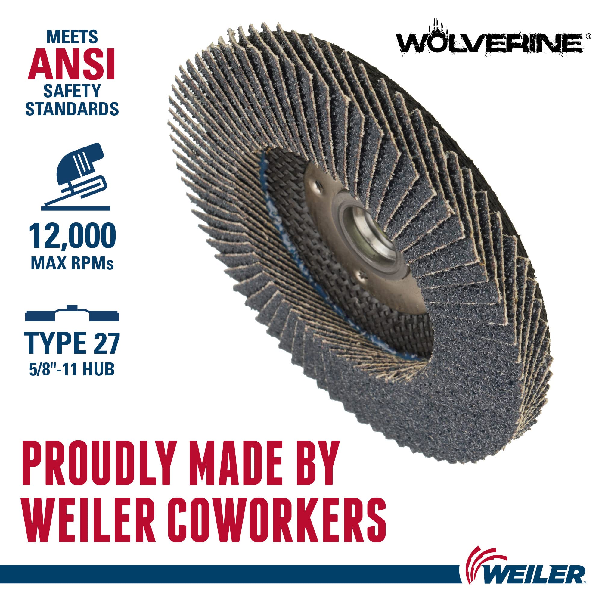 WEILER Weiler 31390 Wolverine 4-1/2 x 5/8-11 UNC Nut Abrasive Flap Disc 40 Grit Zirconia Alumina Flat Type 27 Phenolic Backing High Density