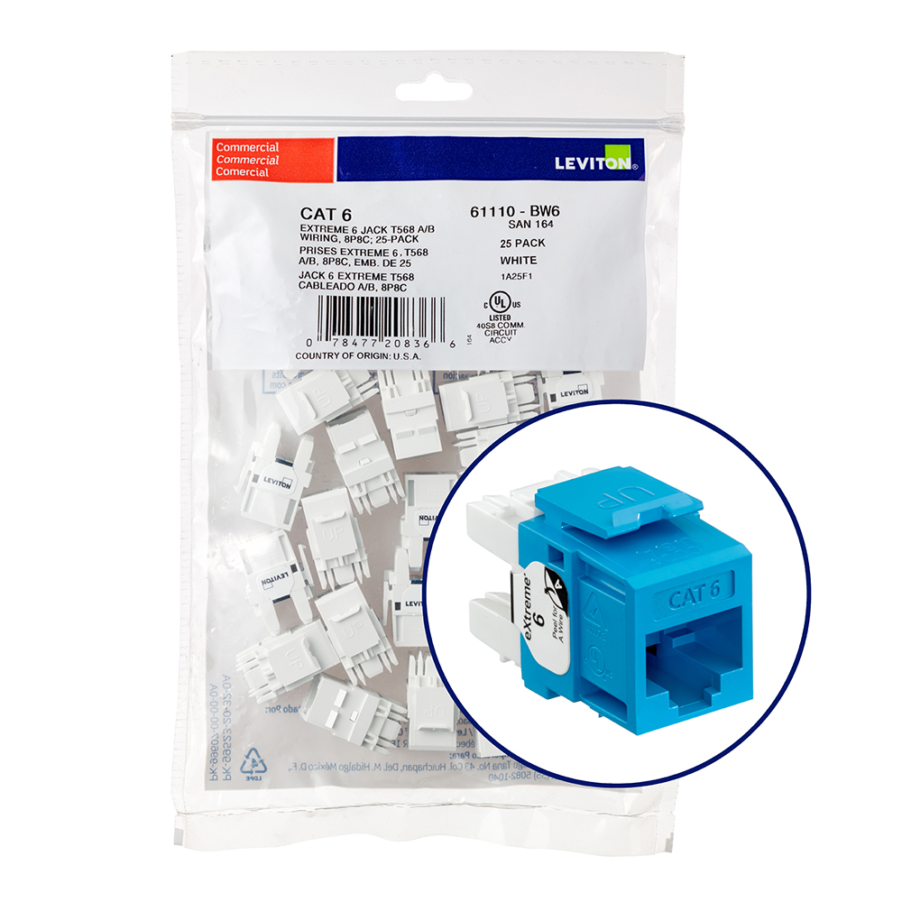 LEVITON Leviton 61110-BL6 eXtreme CAT6 QuickPort Jack QuickPack, 25-Pack, Blue