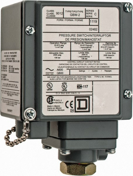 SCHNEIDER ELECTRIC Square D 9012GBW2 Pressure Switch 20-675 Psig Spdt-db