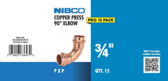 NIBCO Nibco PRES90L34-JAR Copper Press 90 Degree Elbow 3/4 in 15 Pack