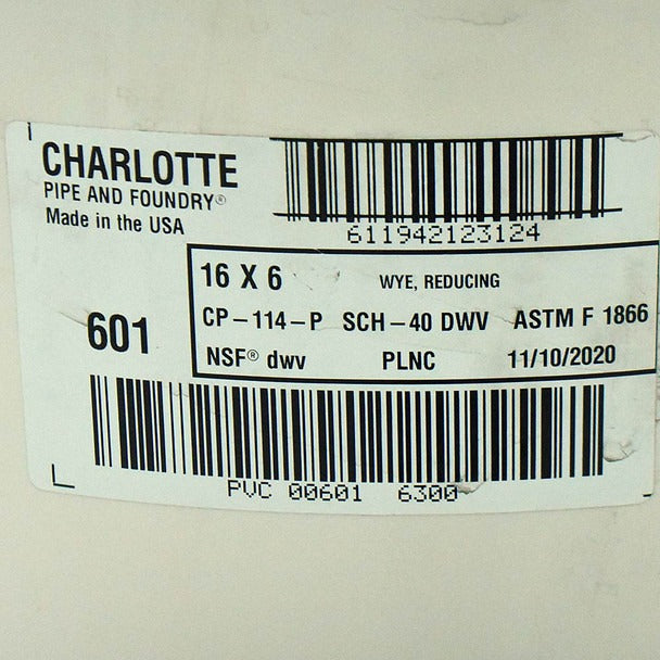 CHARLOTTE PIPE Charlotte Pipe PVC 00601 6300 PVC DWV reducing wye (16 inches x 16 inches x 6 inches hub)