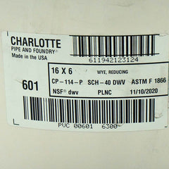 CHARLOTTE PIPE Charlotte Pipe PVC 00601 6300 PVC DWV reducing wye (16 inches x 16 inches x 6 inches hub)