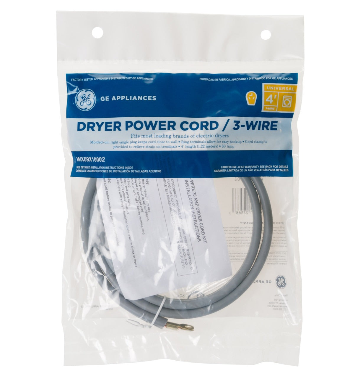 GE APPLIANCES Ge Appliances WX09X10002 4 feet and 30 Amp 3-Wire Dryer Cord 30 Amp (4 ft Right-Angle) WX09X10002