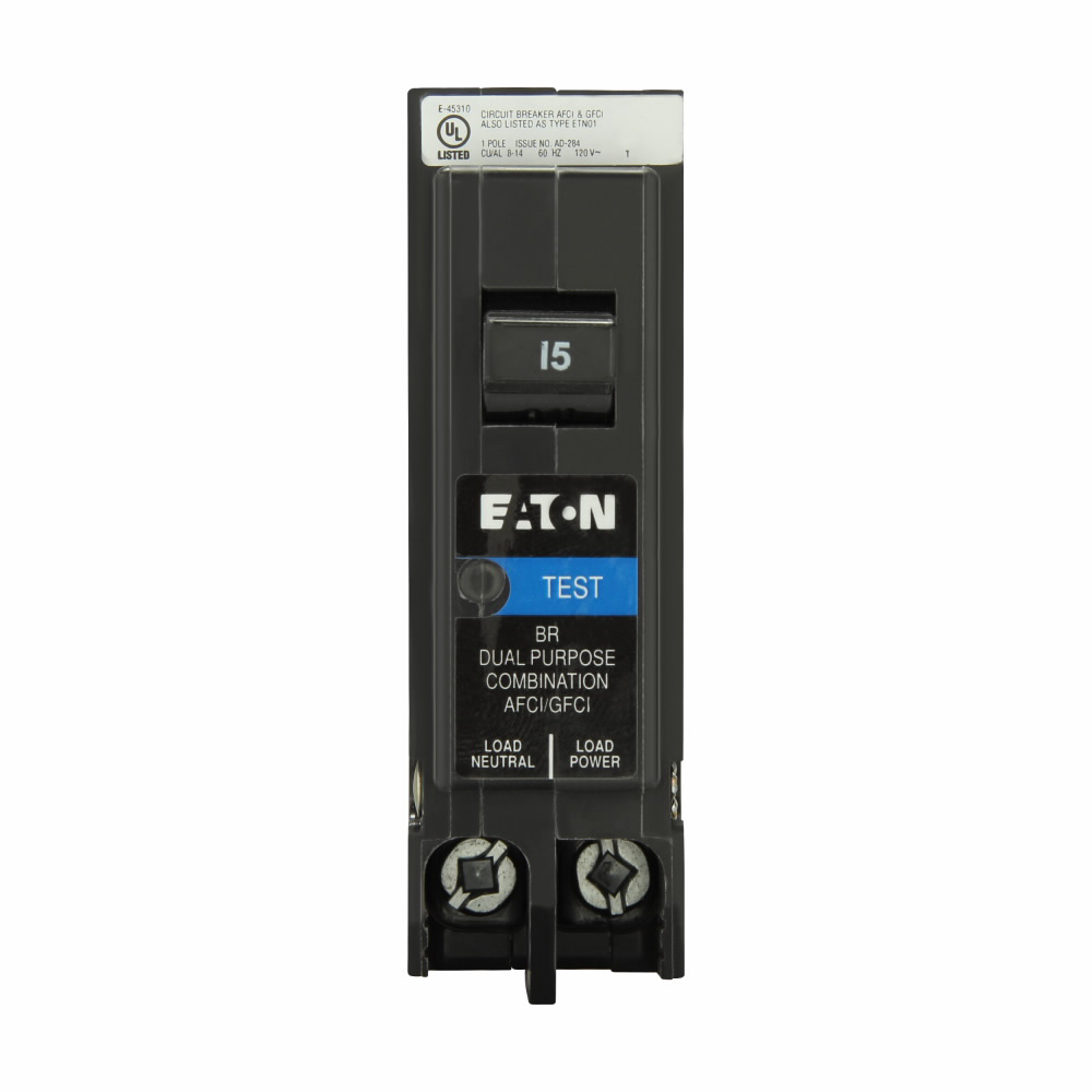 EATON Eaton BRP115DF Type BR Arc Fault / Ground Fault Circuit Breaker, Plug-on Neutral, 120 VAC, 15 Amp, 10 kAIC, 1-Pole