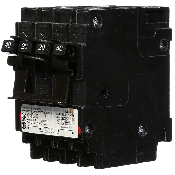 SIEMENS Siemens Q24020CT2 Quadplex Circuit Breaker, 2-Pole 40A-20A Inner-Outer Common-Trip, 120/240V AC, Plug-In, 10kA