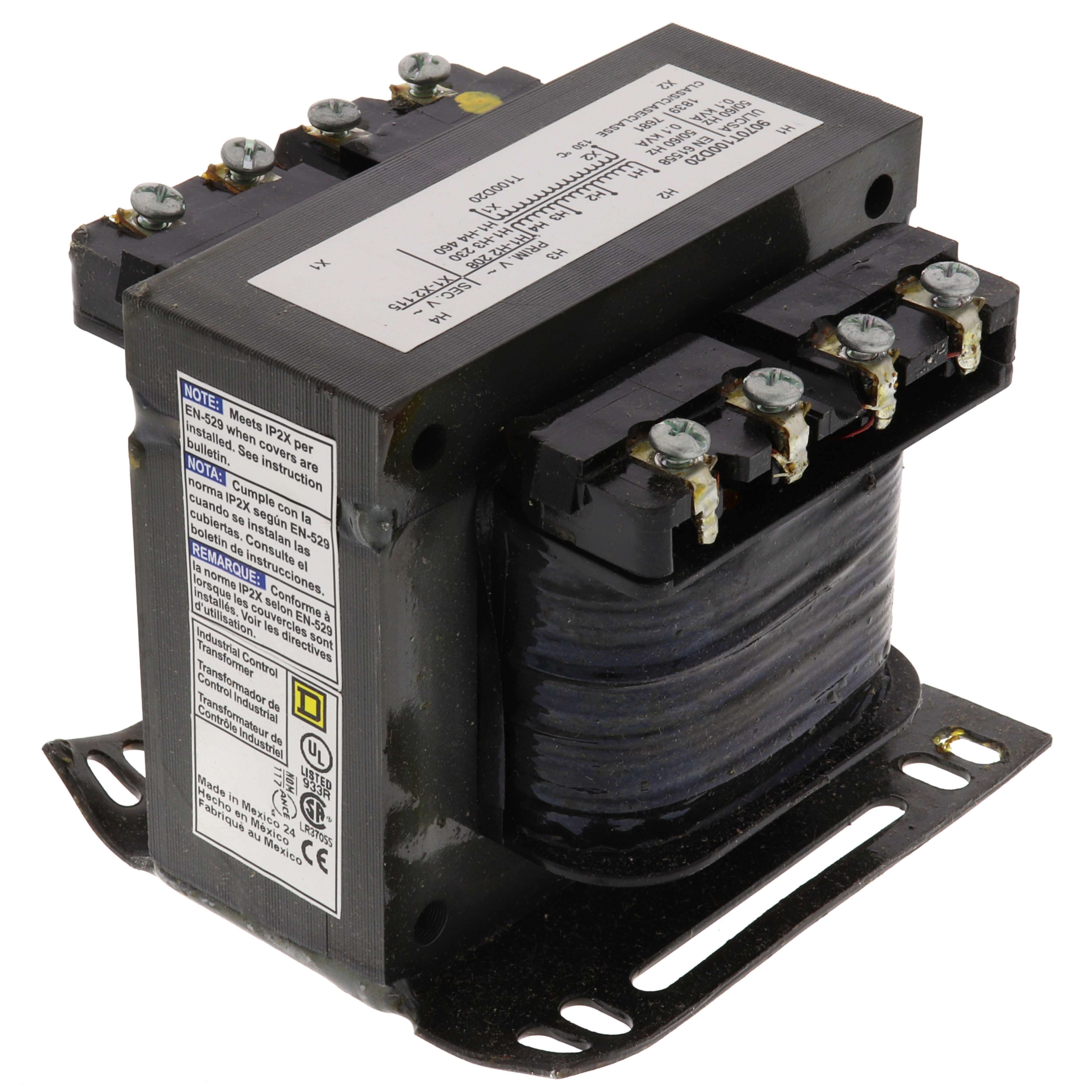 SCHNEIDER ELECTRIC Square D 9070T100D20 100 VA 208/230/460 VAC Primary 115 VAC Secondary 1-Phase Control Transformer