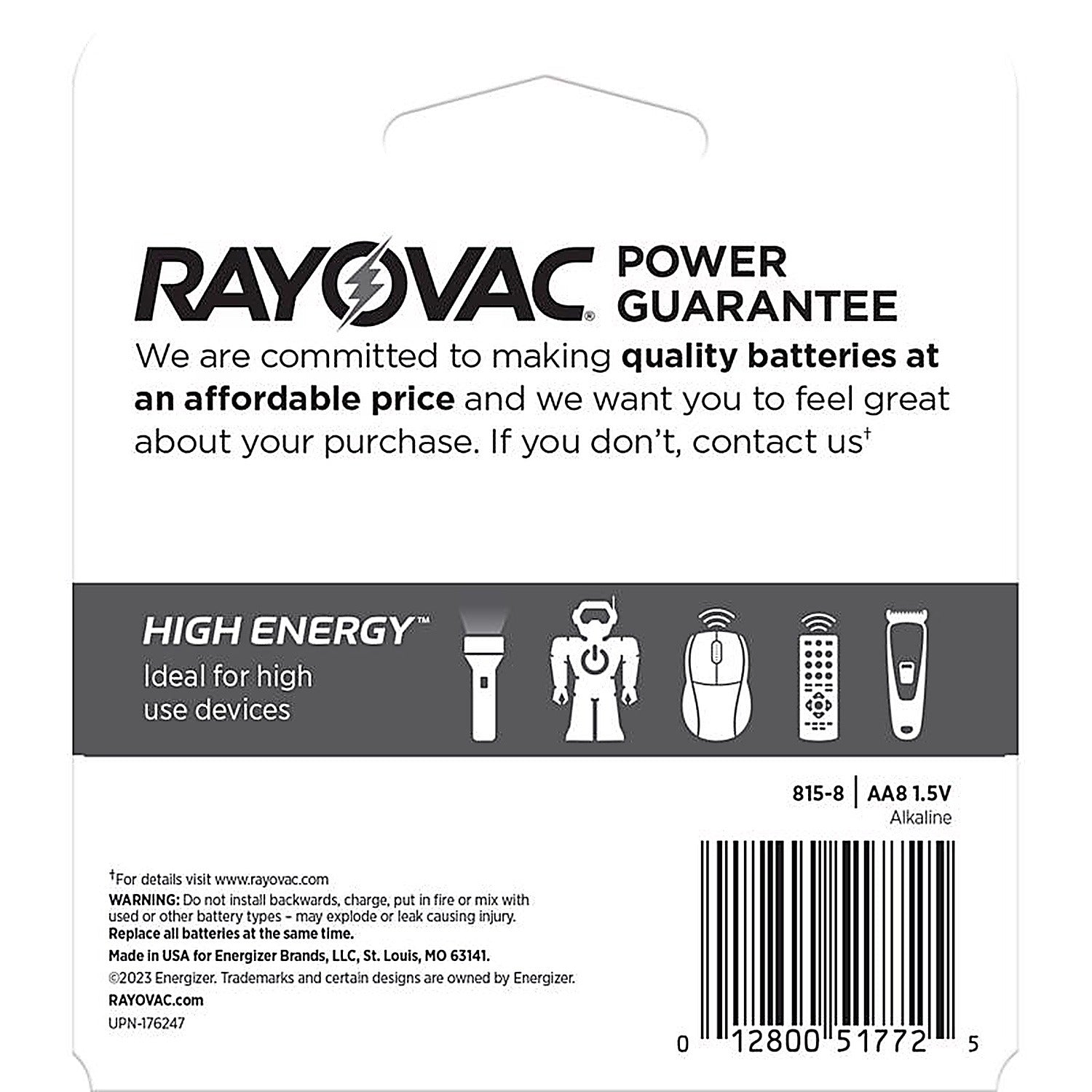 RAYOVAC Rayovac 815-8K High Energy AA Alkaline Battery 1.5 V (8 Pack) 8158K