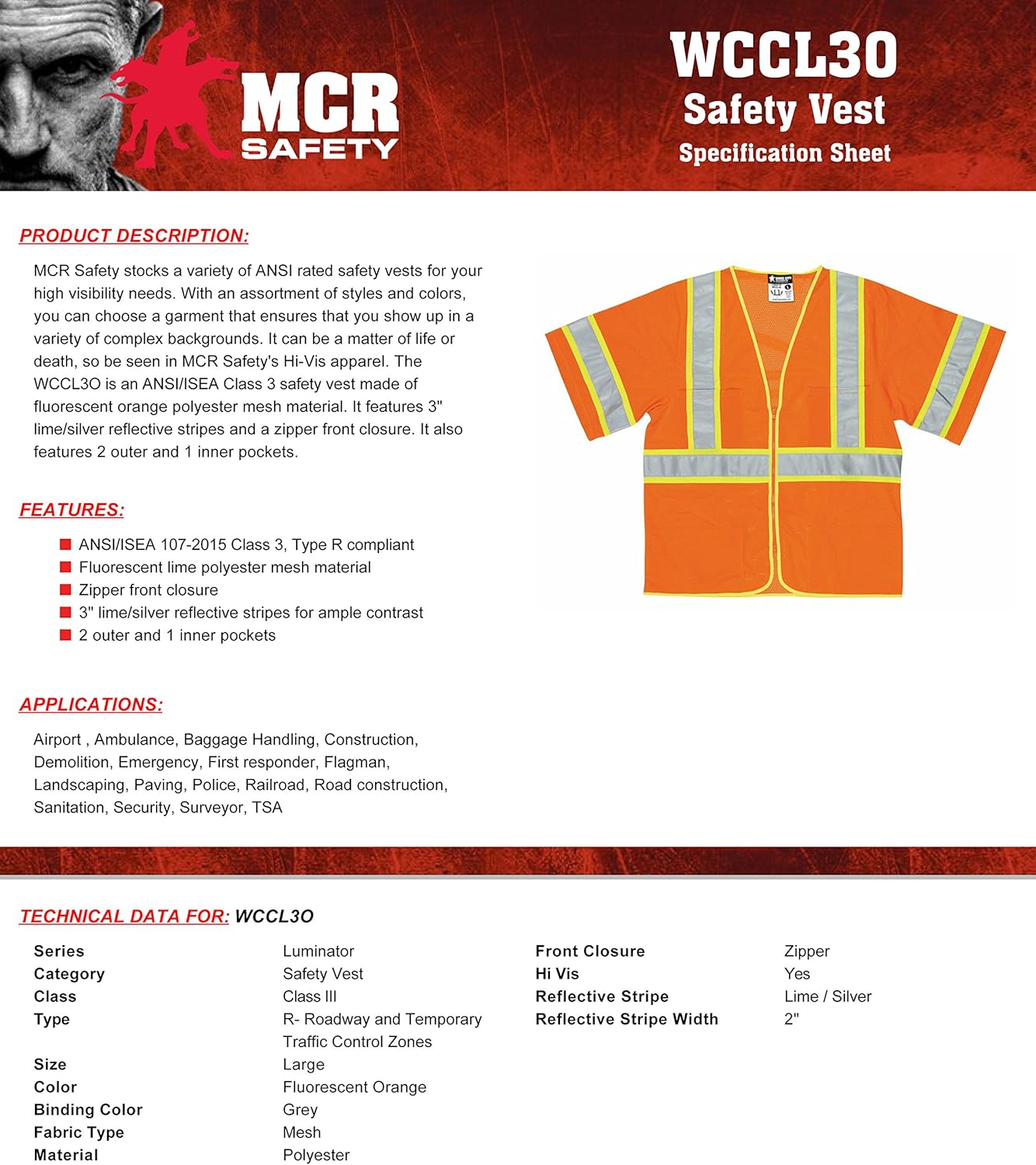 MCR SAFETY MCR Safety WCCL3OX2 Class 3 Polyester Mesh Safety Vest with 3M Scotchlite 3-Inch Yellow/Silver Reflective Stripe, Fluorescent Orange, 2X-Large