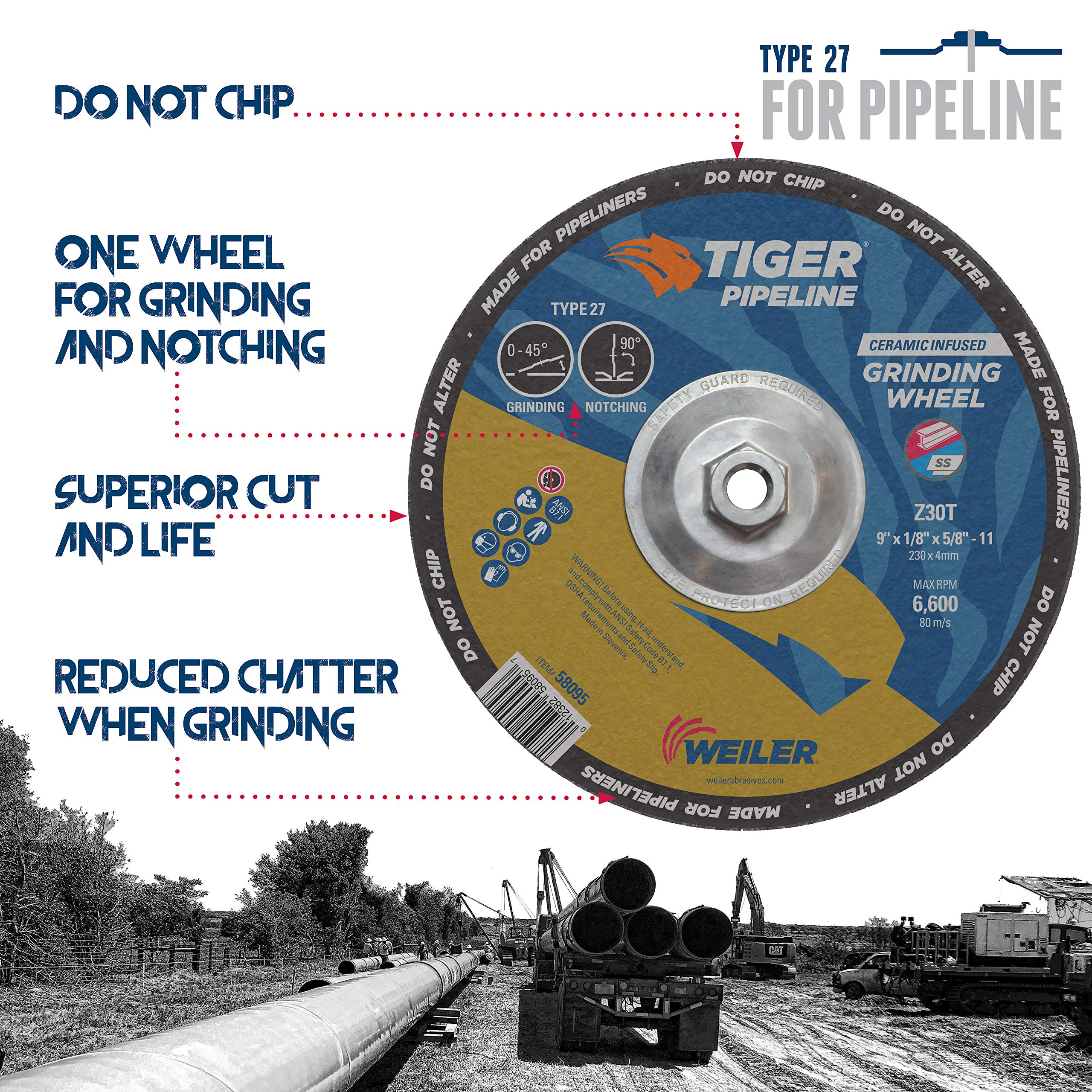 WEILER Weiler 58094 Tiger Pipeline Grinding Wheel 7 Inch x 1/8 Inch x 5/8 - 11 Nut Pack of 10