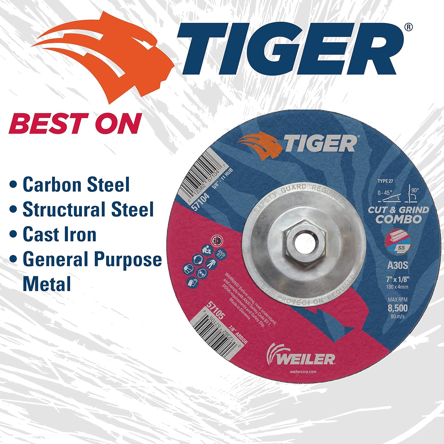 WEILER Weiler 57104 Tiger Type 27 Cut and Grind Combo Wheel 7 Inch A30S