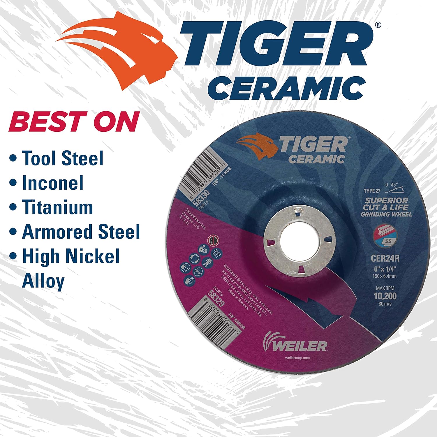 WEILER Weiler 58329 6 x 1/4 Tiger Ceramic Type 27 Grinding Wheel CER24R 7/8 A.H (Pack of 10)