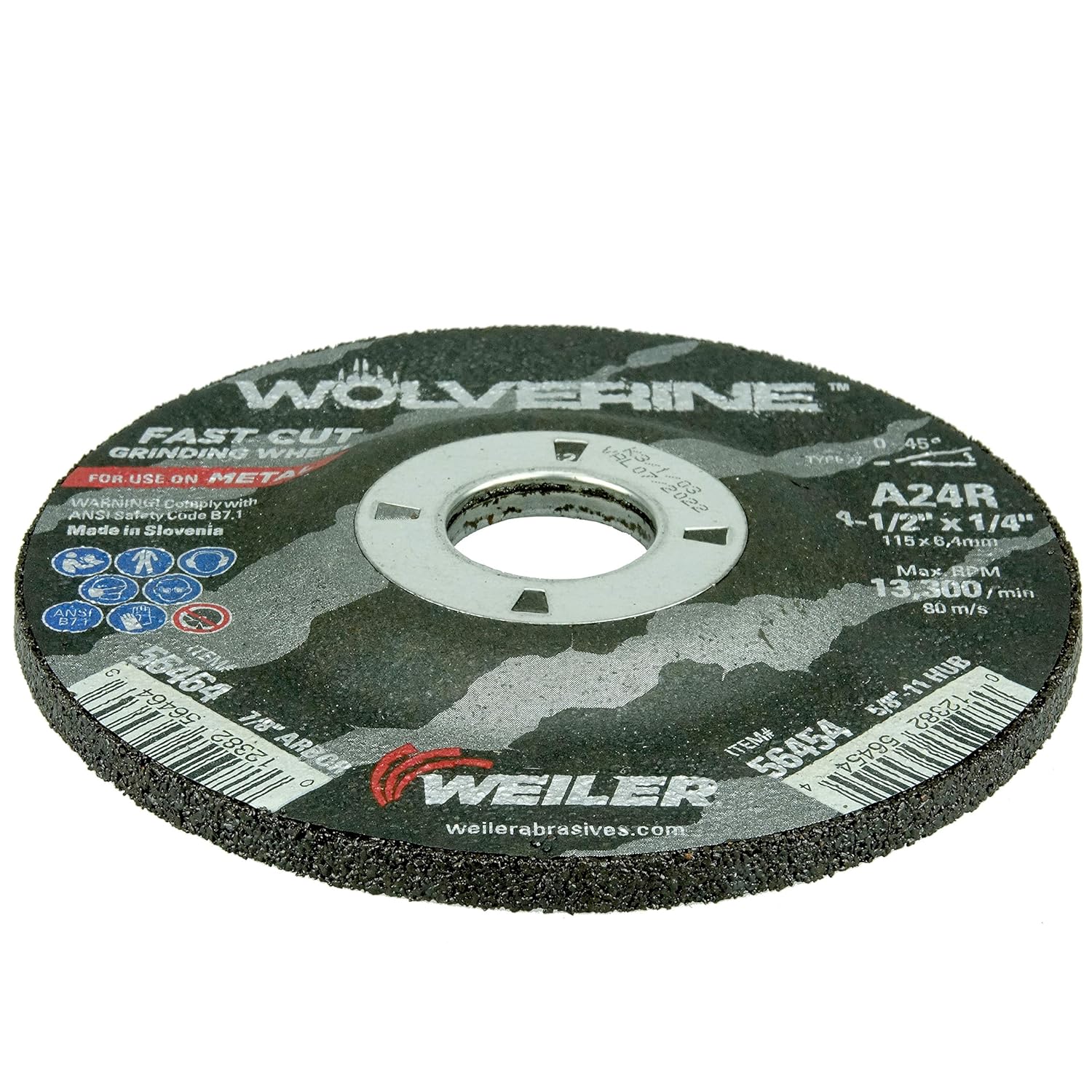 WEILER Weiler 56464 Wolverine Type 27 Grinding Wheel A24R 4.5 inches x 1/4 inch 7/8 inch A.H.