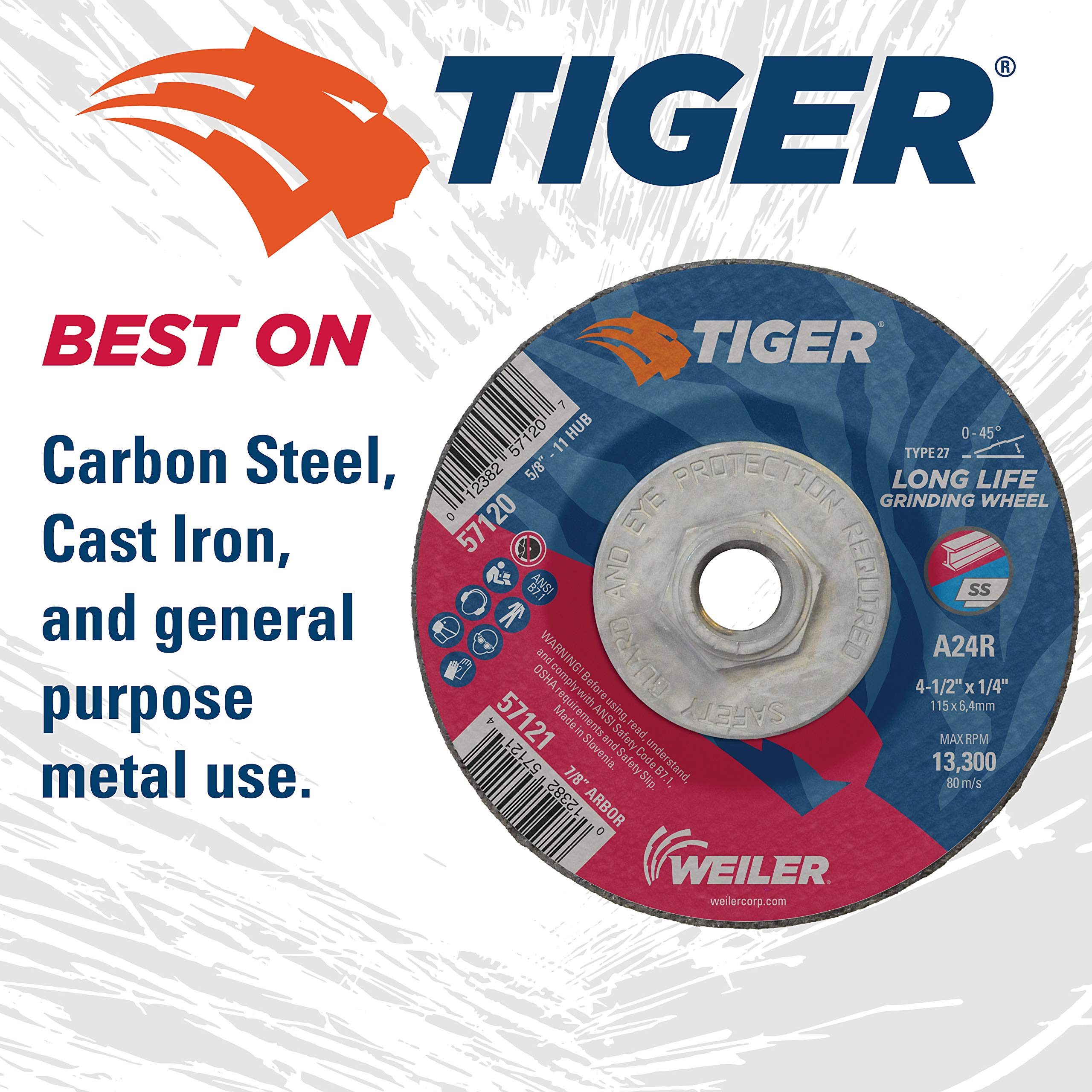 WEILER Weiler 57120 Tiger 4-1/2 Grinding Wheel Type 27 1/4 Inch Thick A24R 5/8-11 UNC Nut Pack of 10