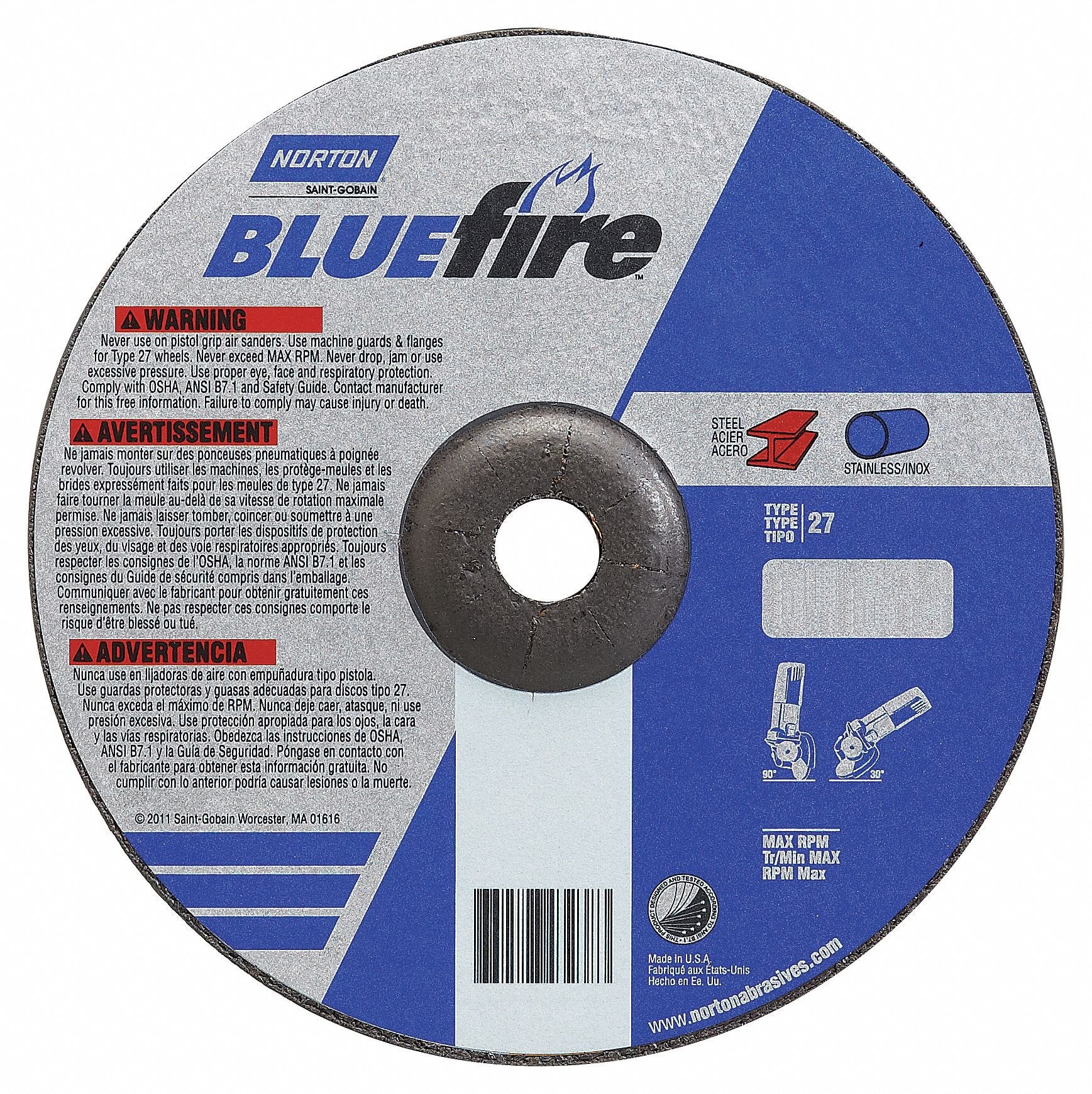 NORTON Norton 66252843218 Blue Fire Plus Depressed Center Abrasive Wheel Type 27 Zirconia Alumina and Aluminum Oxide 7/8 Arbor 5 Diameter x 1/4 Thickness Pack of 25