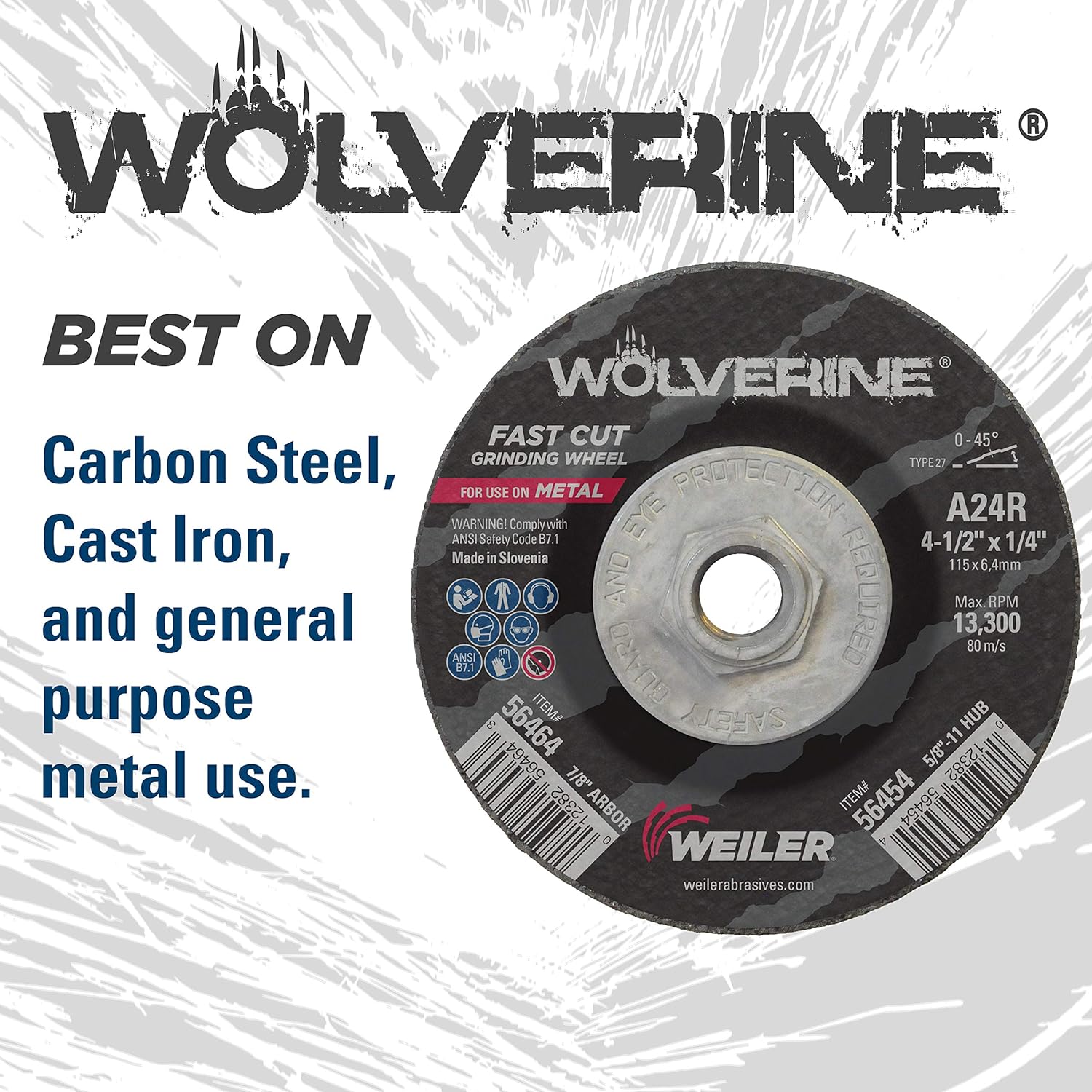 WEILER Weiler 56464 Wolverine Type 27 Grinding Wheel A24R 4.5 inches x 1/4 inch 7/8 inch A.H.