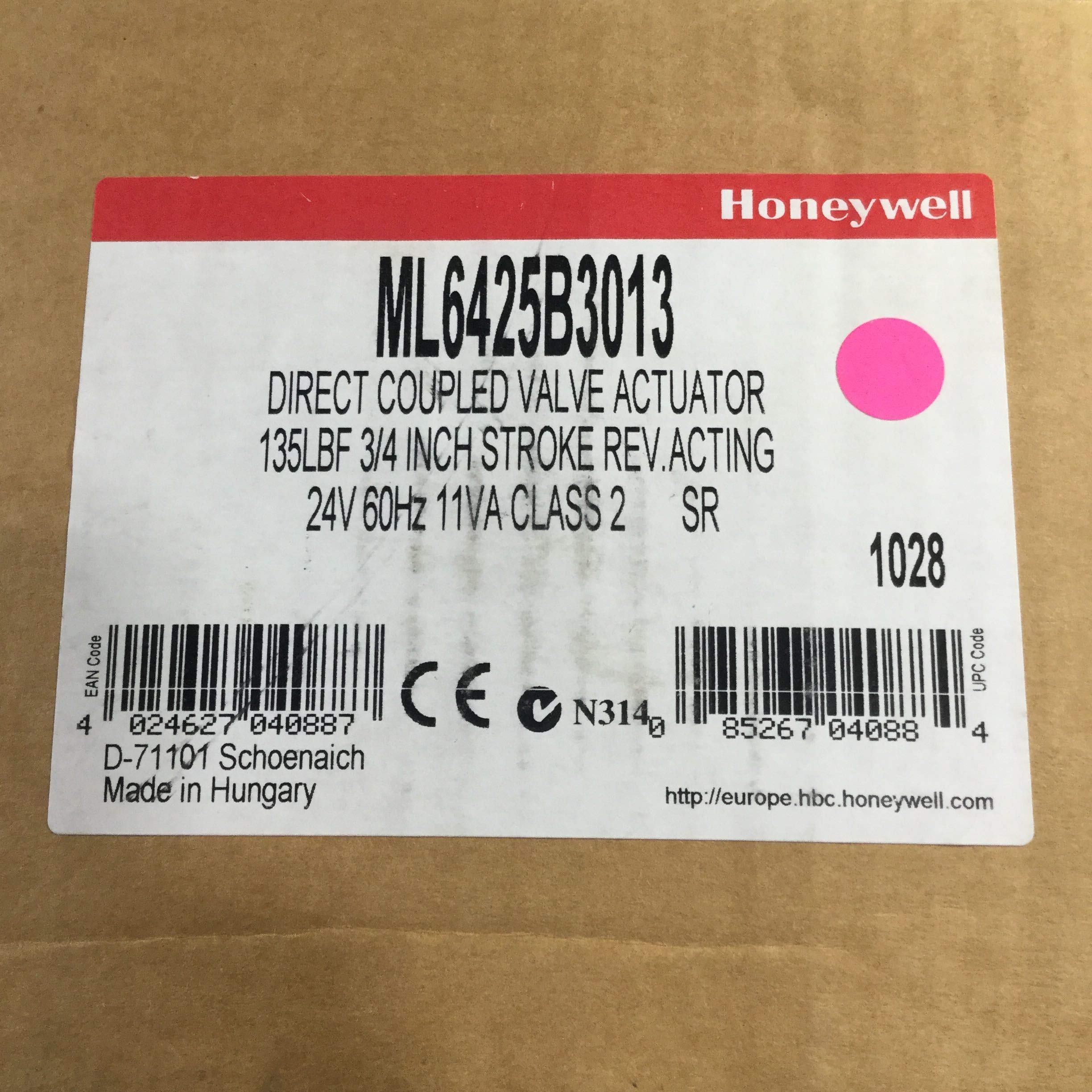 HONEYWELL Honeywell ML6425B3013 Spring Return Direct Coupled Globe Valve Actuator 24V 3/4 Stroke 135 LBF