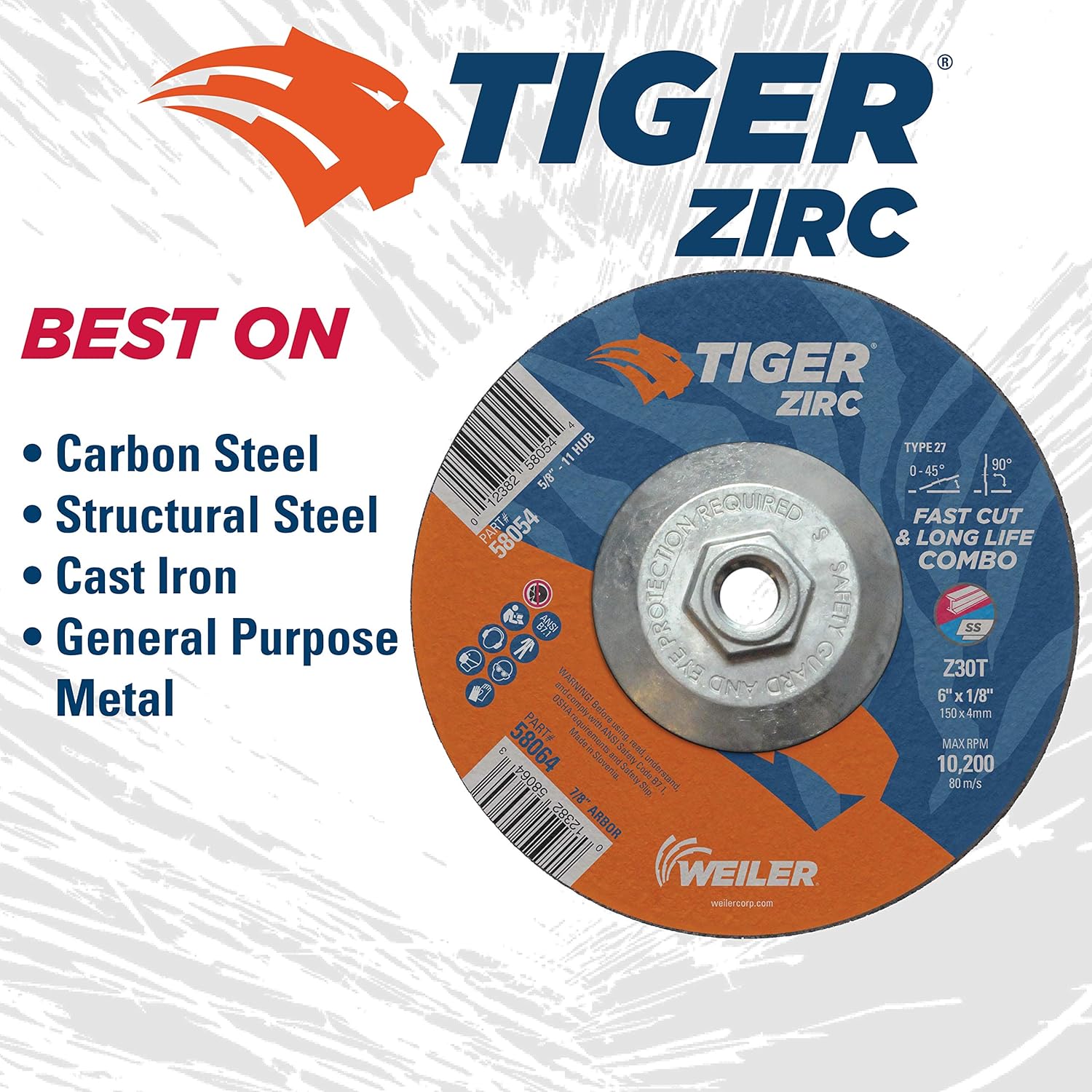 WEILER Weiler 58054 Tiger Zirc Type 27 Cut and Grind Combo Wheel 6 Inches x 1/8 Inches Z30T 5/8-11 UNC Nut Pack of 10