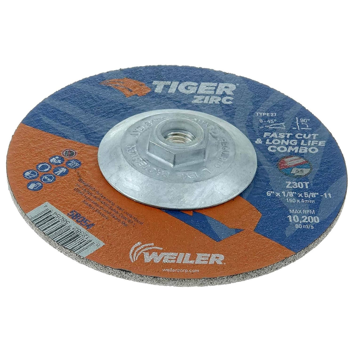 WEILER Weiler 58054 Tiger Zirc Type 27 Cut and Grind Combo Wheel 6 Inches x 1/8 Inches Z30T 5/8-11 UNC Nut Pack of 10