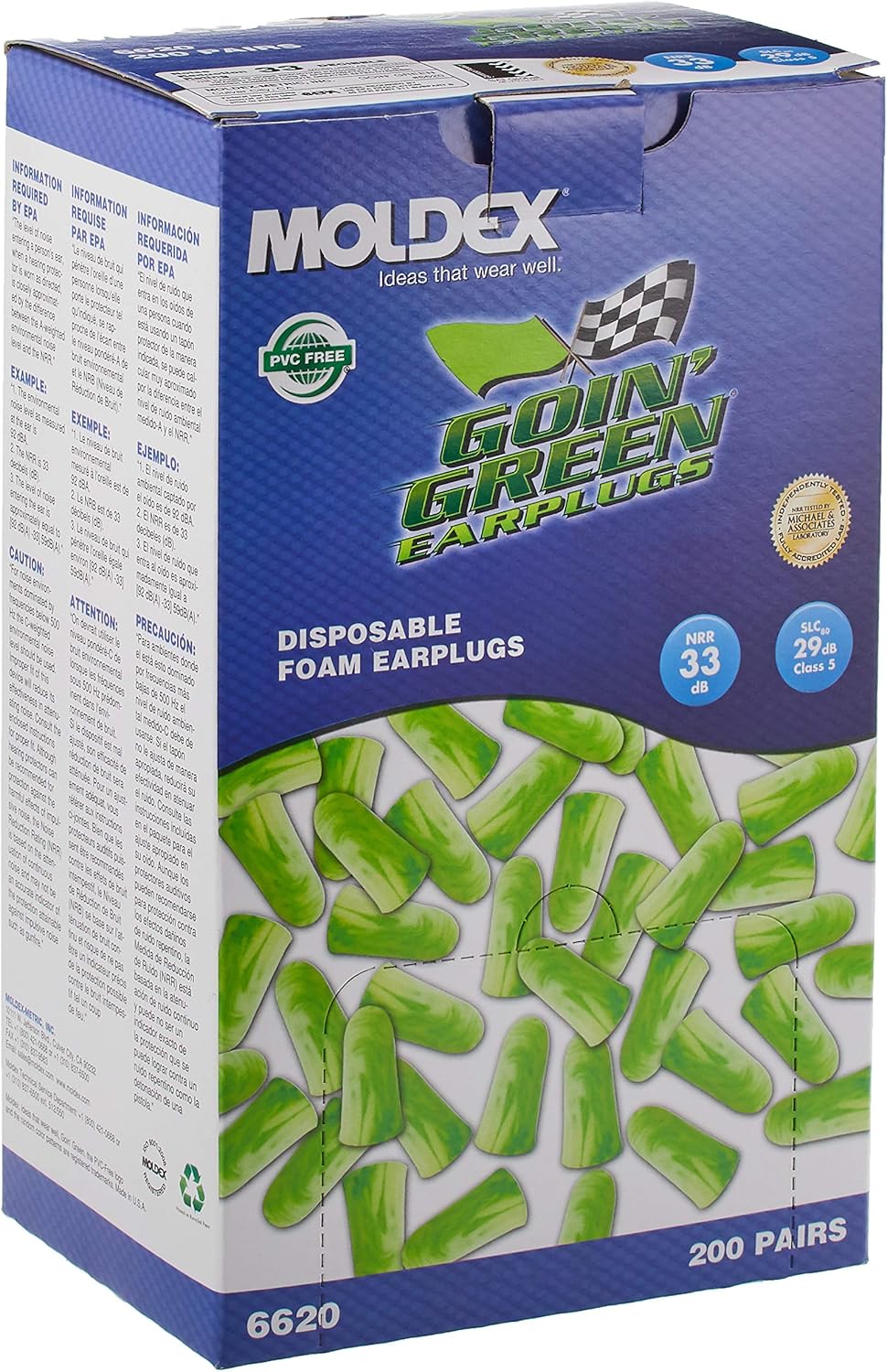 MOLDEX Moldex 6620 Goin' Green Foam Earplugs Uncorded 200 Pairs Box