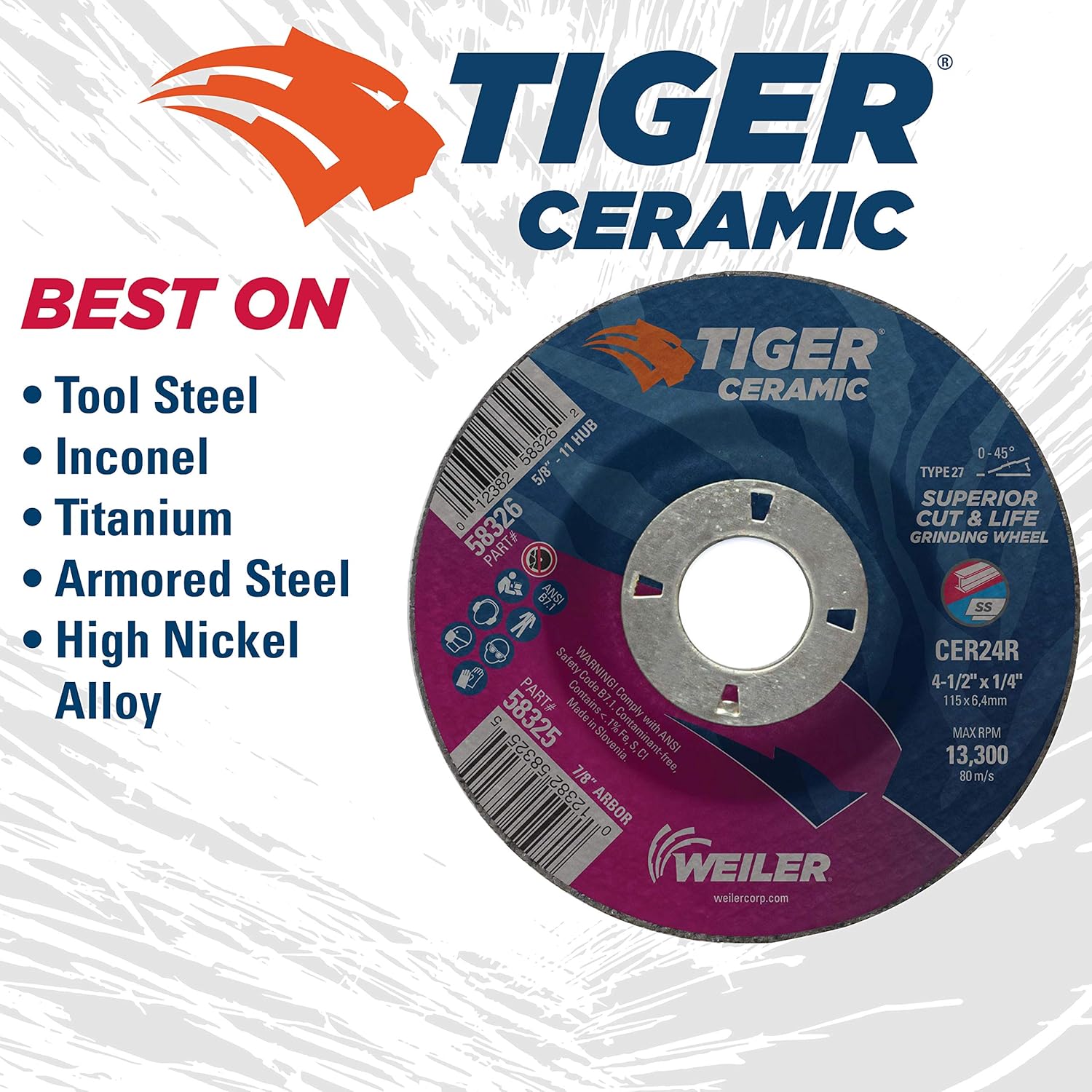 WEILER Weiler 58325 Tiger Ceramic Type 27 Grinding Wheel 4-1/2 x 1/4 CER24R 7/8 A.H Pack of 10