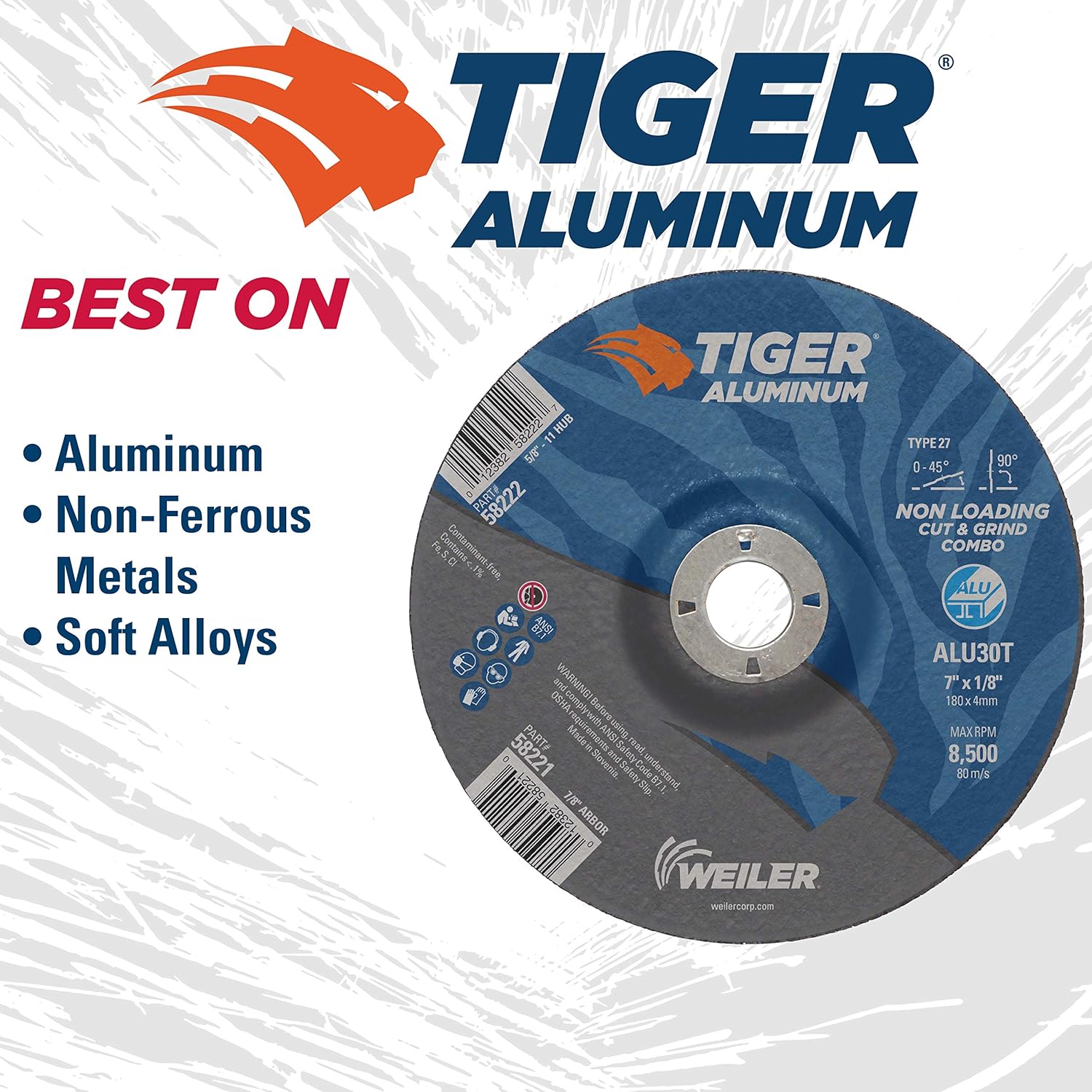 WEILER Weiler 58221 Tiger Aluminum Type 27 Cut Off/Grind Combo Wheel 7 inch ALU30T 7/8 A.H. Pack of 25