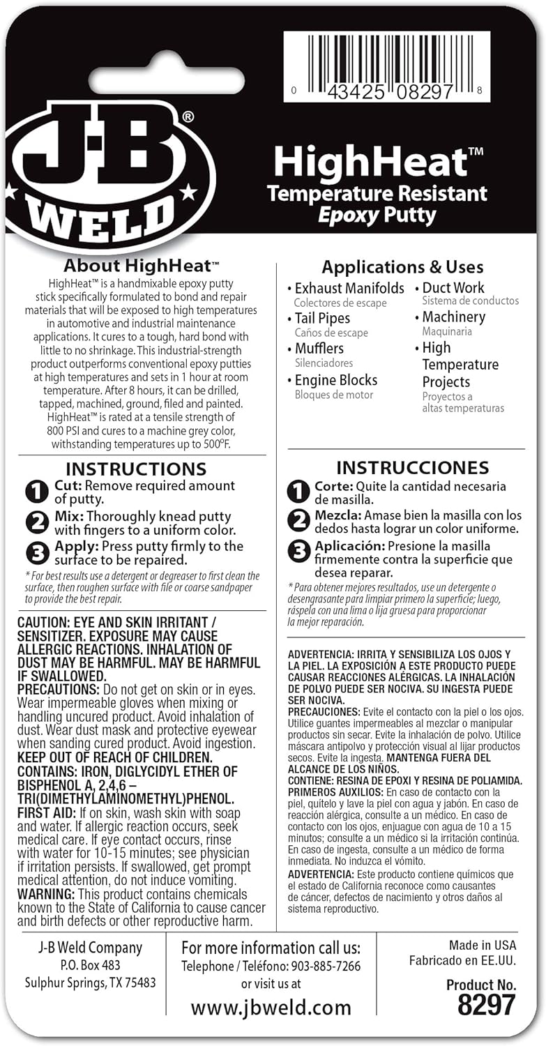 J-B WELD J-B Weld 8297 HighHeat 500 Degree Epoxy Putty Stick - 2 oz. , Grey