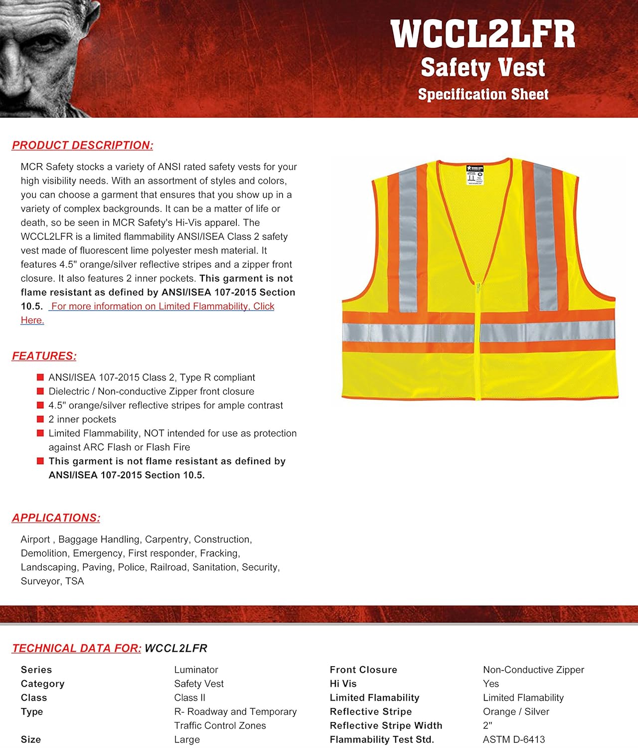 MCR SAFETY MCR Safety WCCL2LFRXL Class 2 Polyester Mesh Flame Resistant Safety Vest with 3M Scotchlite Orange/Silver Reflective Stripe Fluorescent Lime X-Large