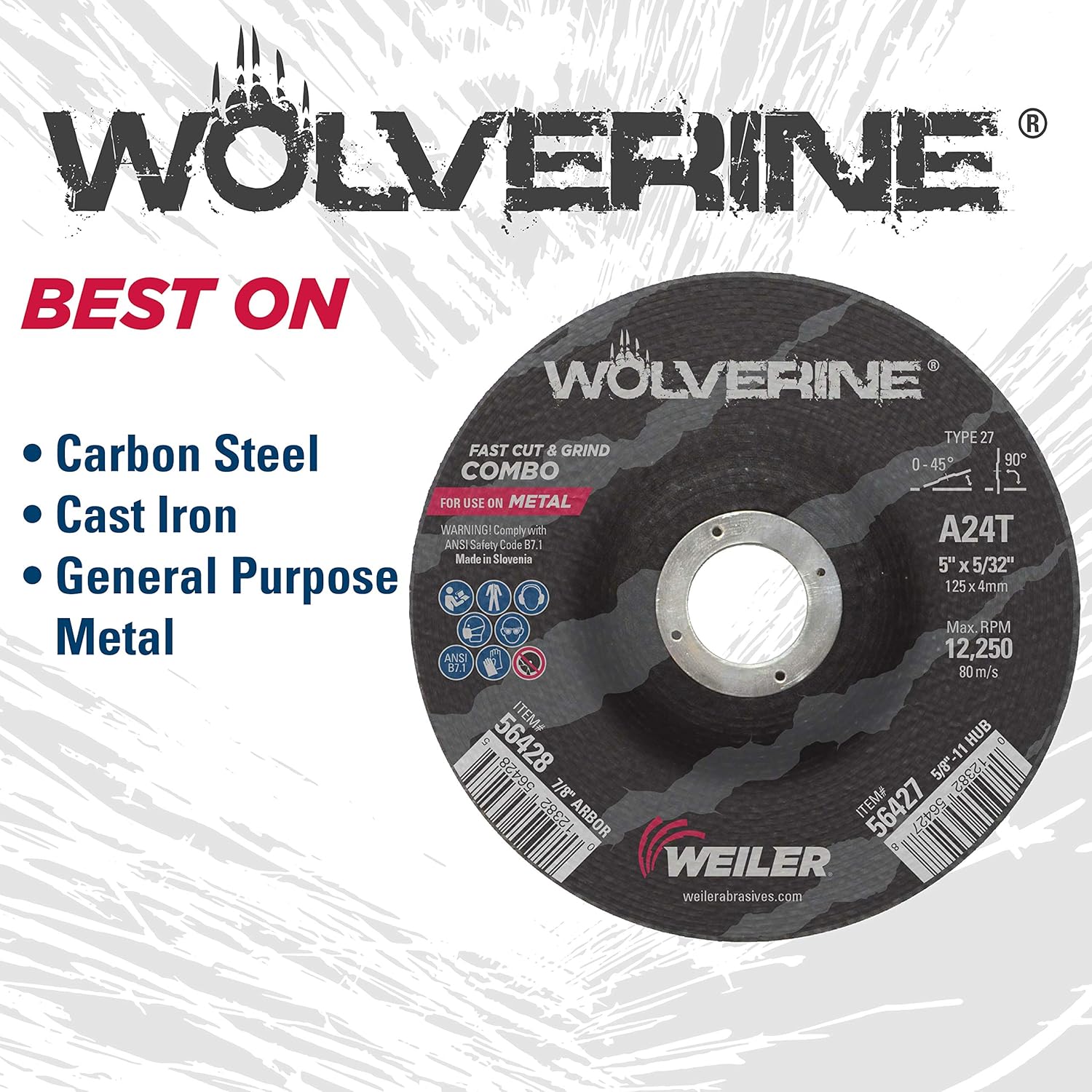 WEILER Weiler 56428 Wolverine 7/8 Arbor 1/8 Thickness 5 Diameter A24T Grit Type 27 Cutting And Light Grinding Wheel