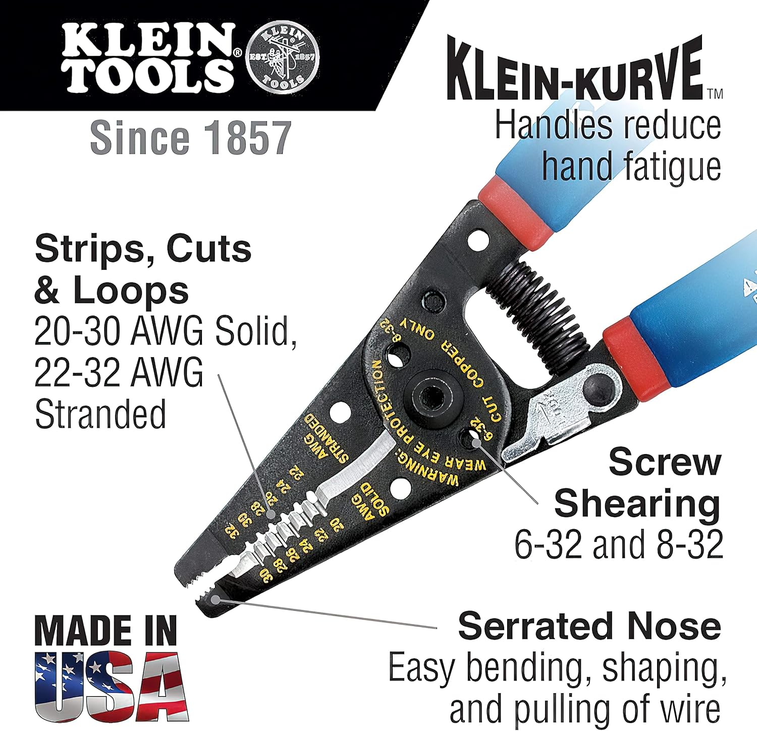 KLEIN TOOLS Klein Tools 11057 Wire Cutter Stripper Heavy Duty for 20-30 AWG Solid and 22-32 AWG Stranded