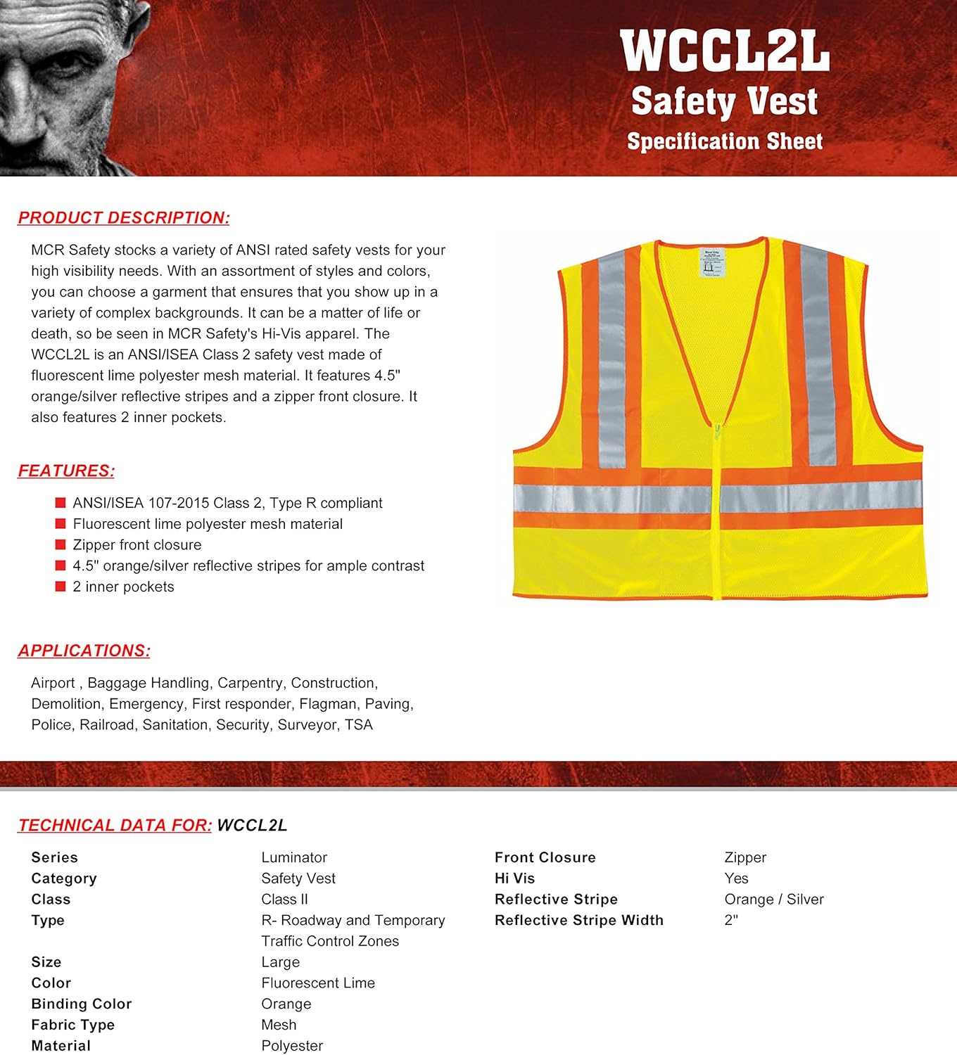 MCR SAFETY MCR Safety WCCL2LX2 Class 2 Polyester Mesh Safety Vest with 3M Scotchlite 4-1/2-Inch Orange/Silver Reflective Stripe Fluorescent Lime 2X-Large
