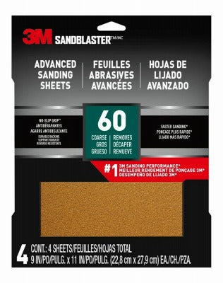 3M 3M Company 20060-G-4 Sandpaper 60 Grit 9x11 Inches 4 Pack