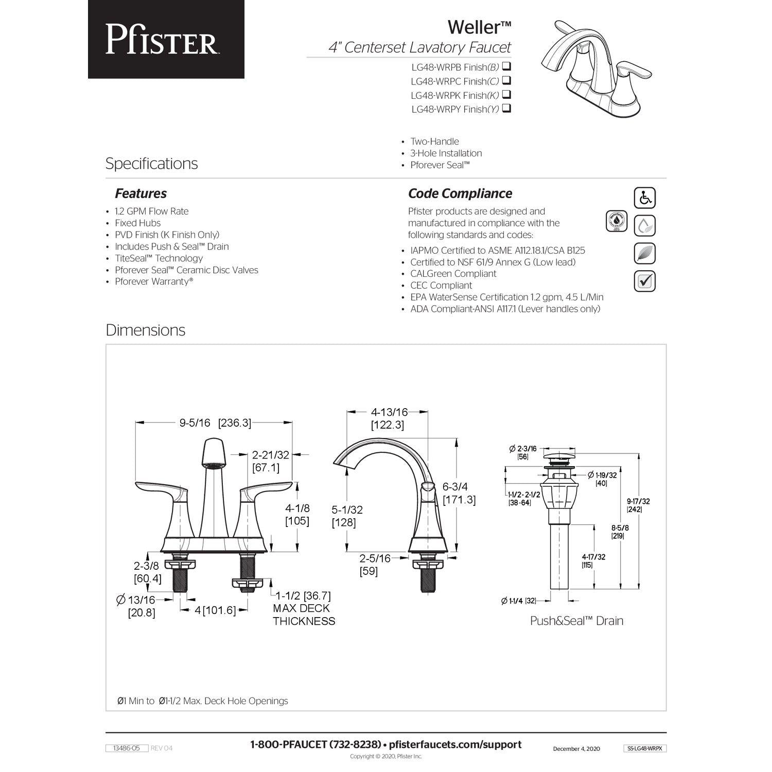 PFISTER Pfister LG48WRPY Weller Two Handle Centerset Bathroom Sink Faucet in Tuscan Bronze