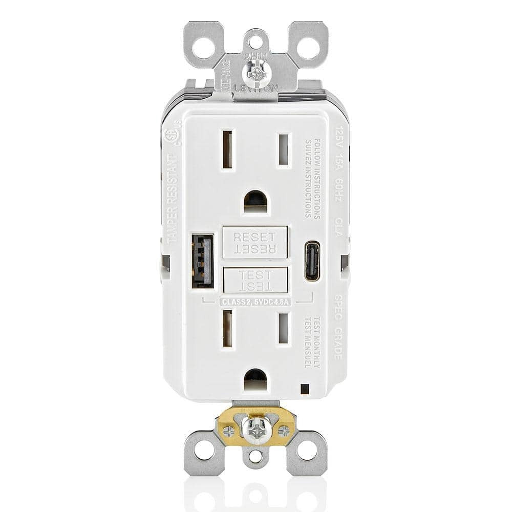 LEVITON Leviton R02-GUAC1-0BW 15 Amp SmartlockPro self-test GFCI combination 24 Watt 4.8 Amp Type A and Type C USB in-wall charger duplex outlet (1 Pack) T5633-W