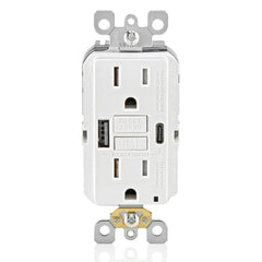 LEVITON Leviton R02-GUAC1-0BW 15 Amp SmartlockPro self-test GFCI combination 24 Watt 4.8 Amp Type A and Type C USB in-wall charger duplex outlet (1 Pack) T5633-W