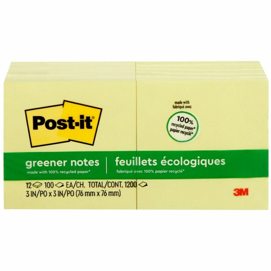 3M 3M MMM654RPYW Post-it Greener Notes 3 x 3 Inches 12 Per Pack