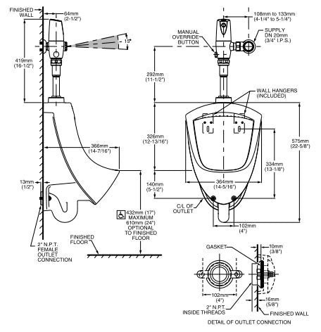 AMERICAN STANDARD American Standard 6002.001.020 Pintbrook Washout Urinal with Top Spud (White) replacement MPN