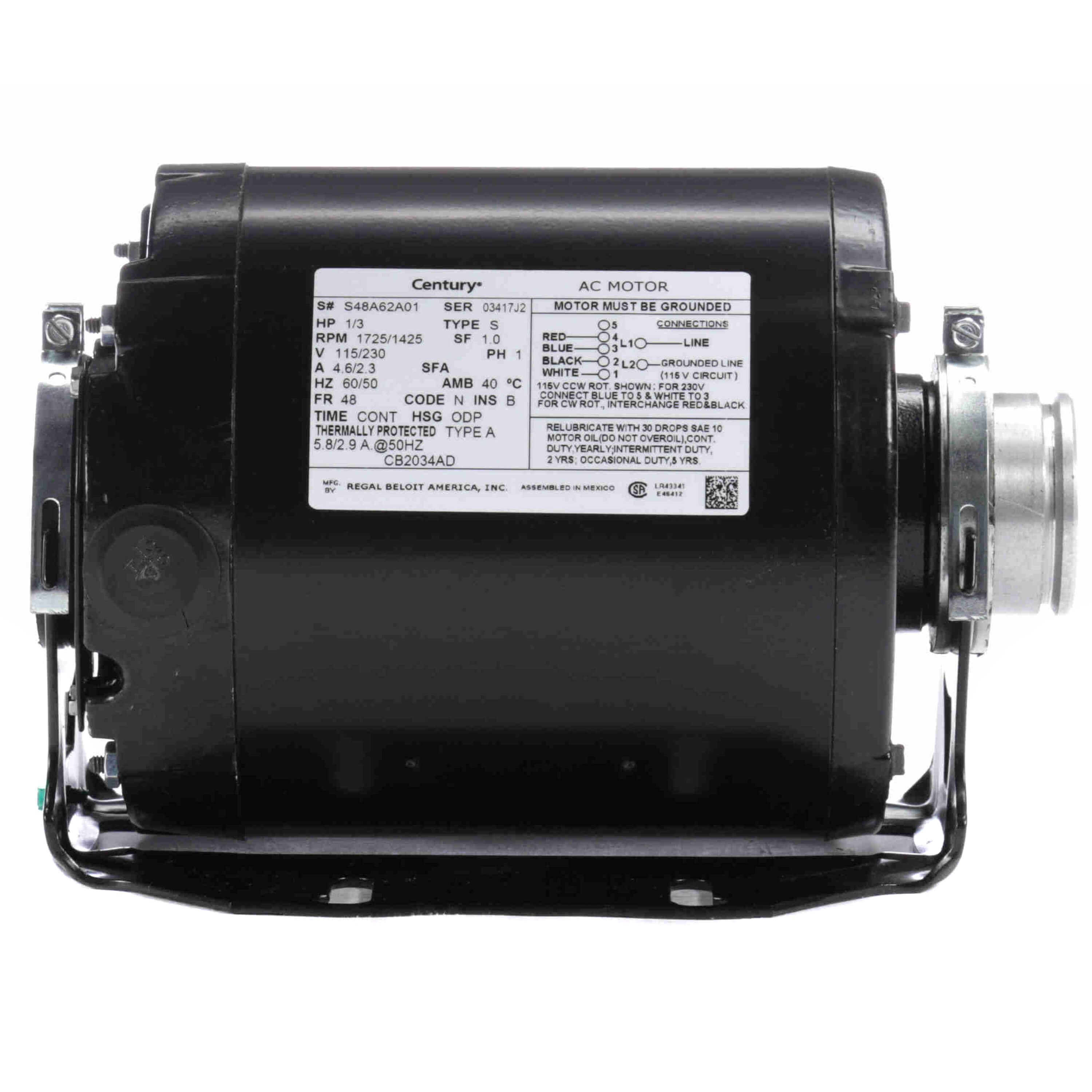 CENTURY MOTORS Regal Rexnord - Century Motors CB2034AD 1/3hp 1725/1425rpm 115/230v