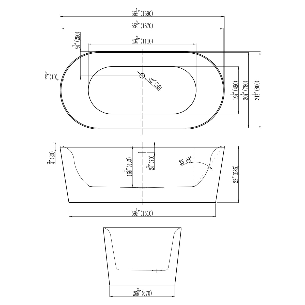 DAKOTA Dakota Plumbing Products DST-FSOCB00W-60 Freestanding Bathtub
